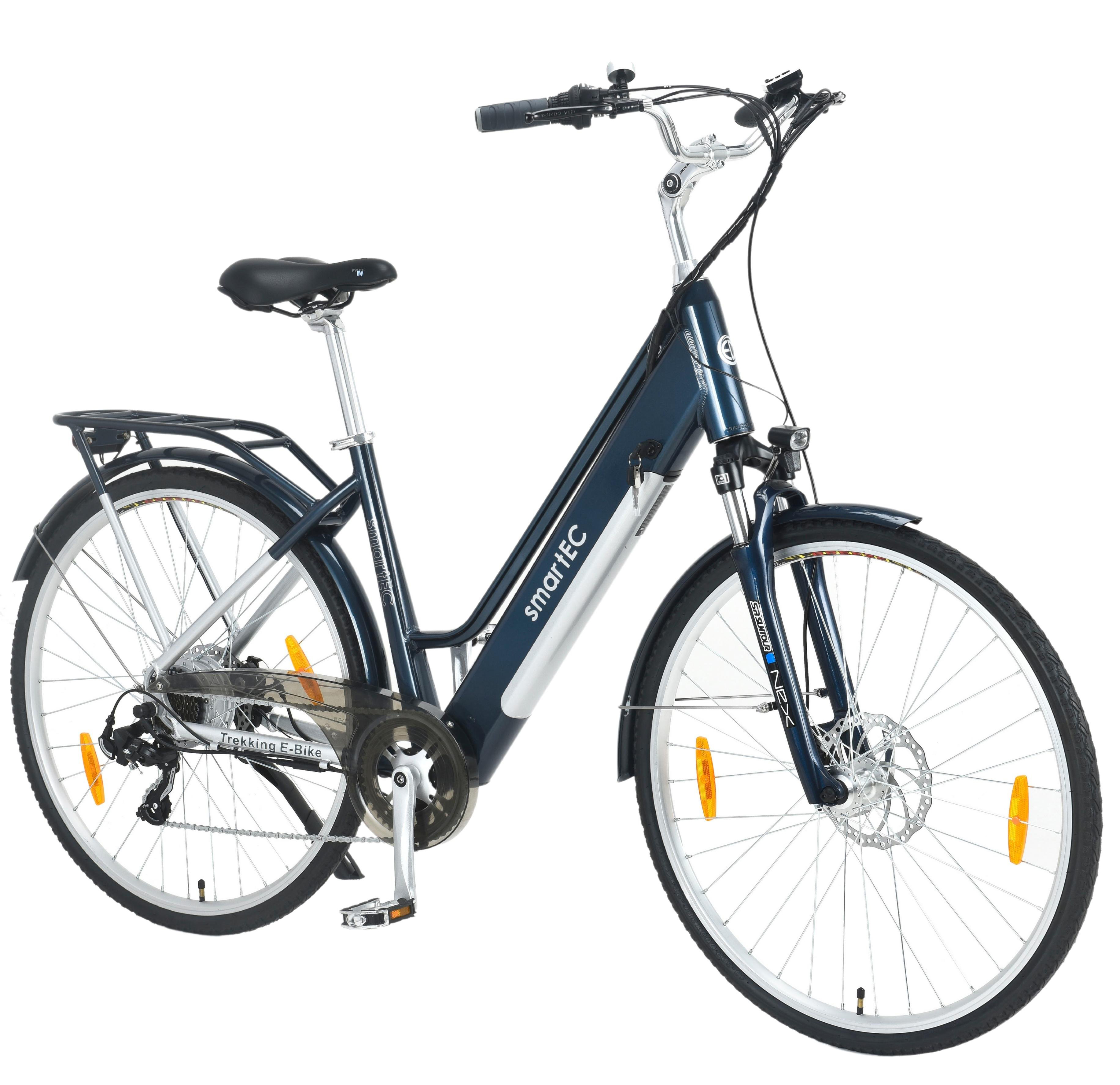 Blaues Elektrofahrrad, mit weißem 'smartC'-Logo. Auf weißem Hintergrund.