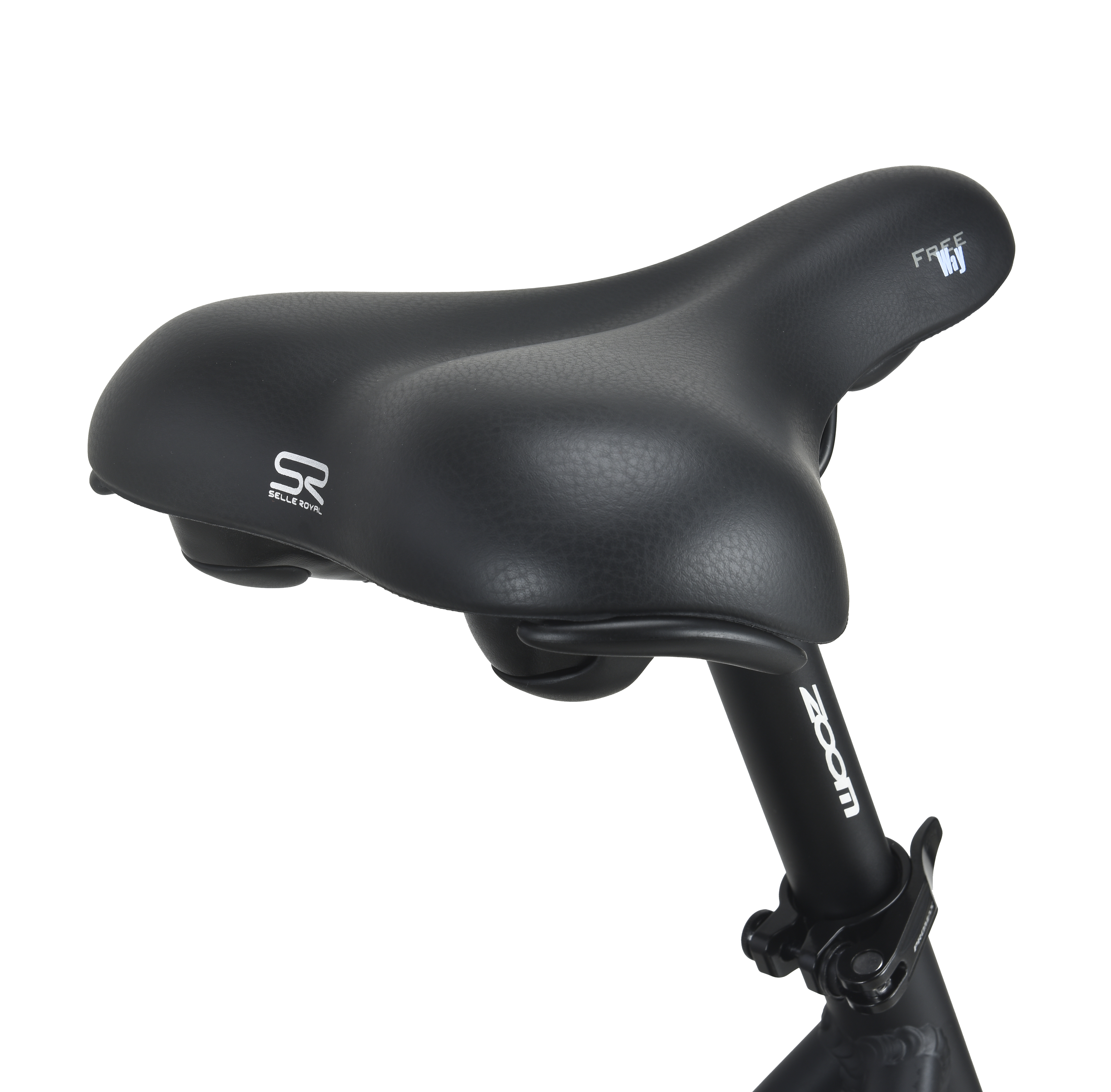 Schwarzer Fahrradsattel mit SR Belle Royal Logo und Zoom auf der Stütze.
