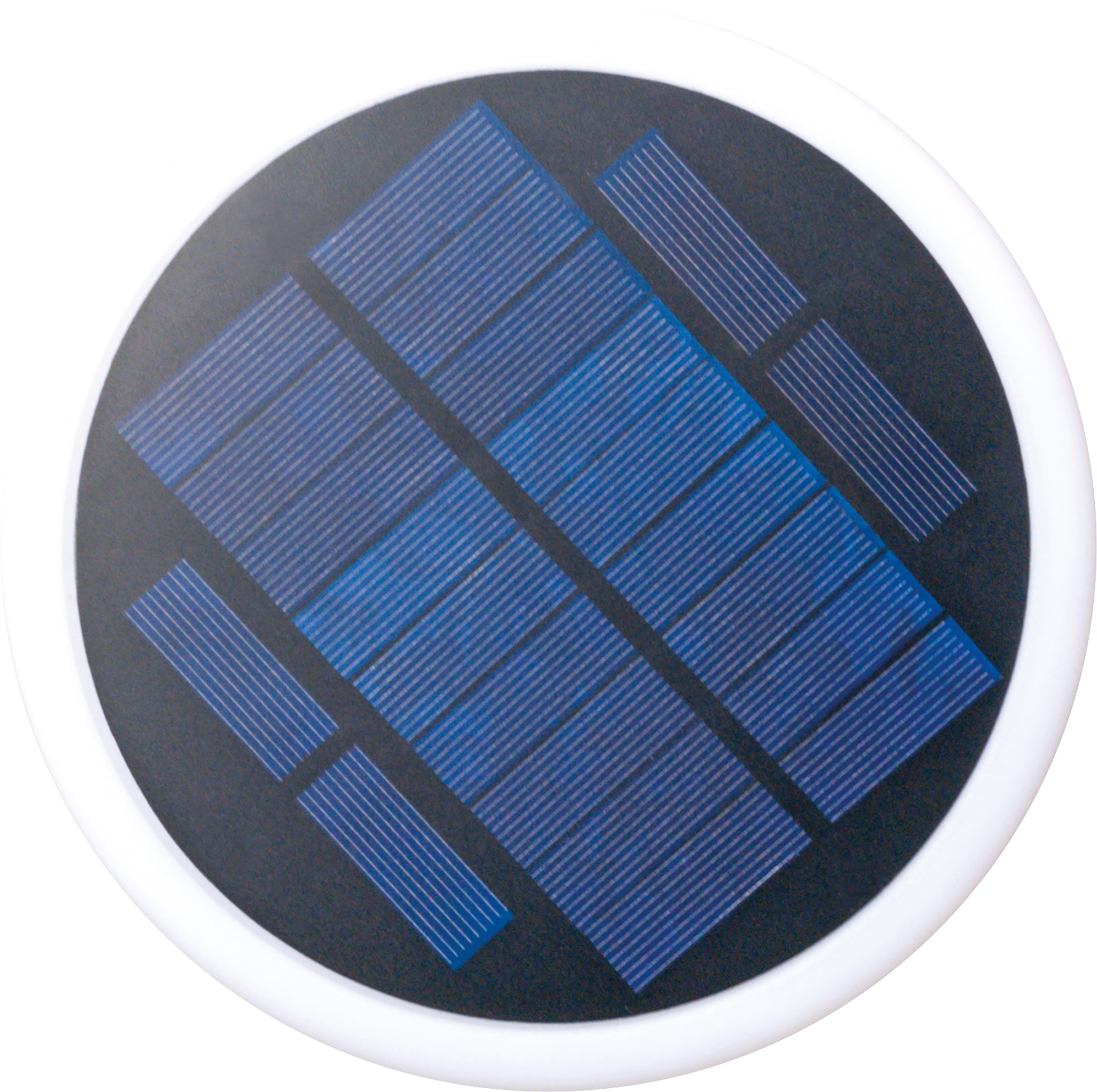 Ein rundes Gerät mit weißem Rand und schwarzem Zentrum, das blaue Solarzellen in Rautenform aufweist.