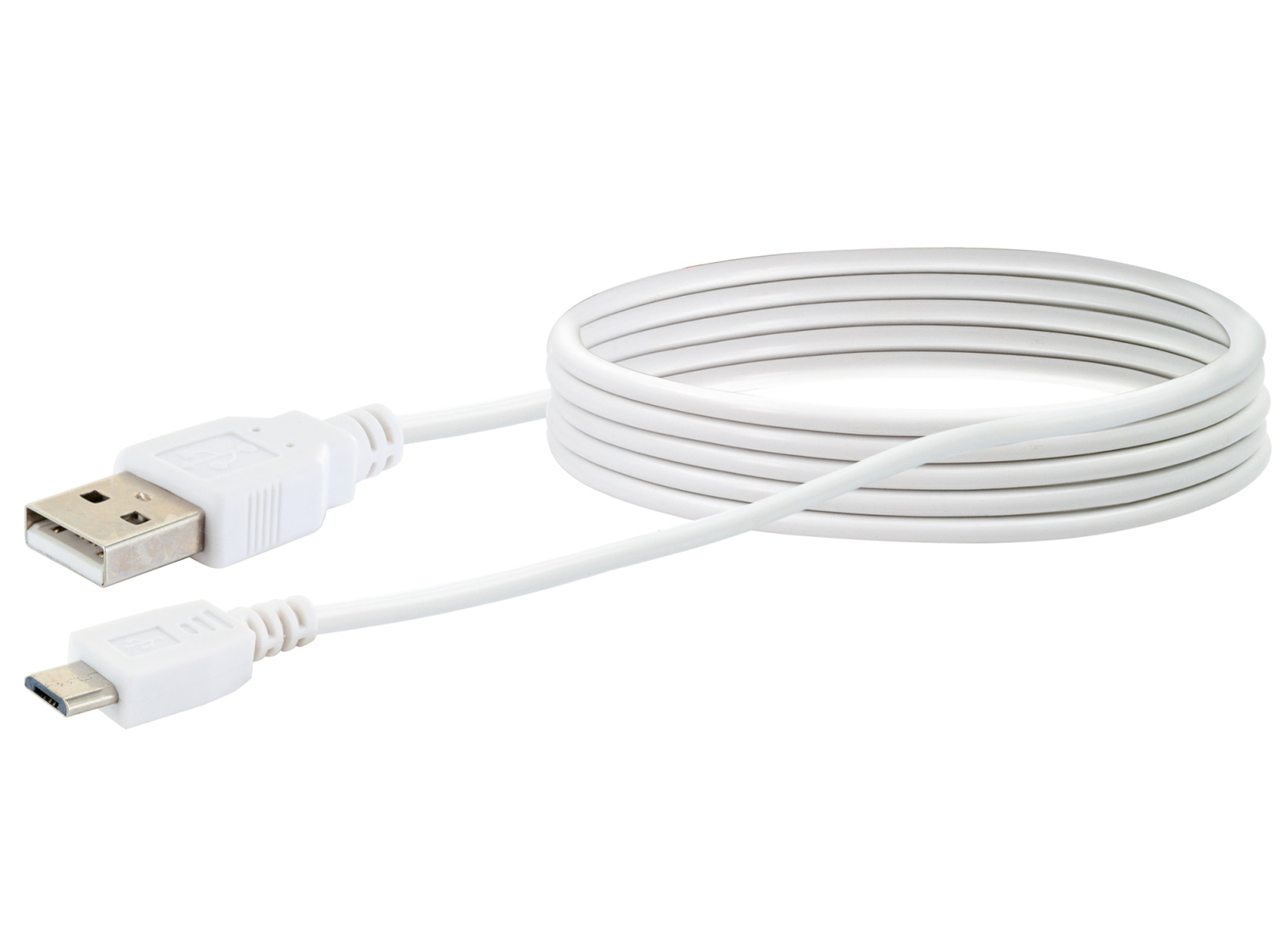 Weißes USB-Kabel, aufgerollt. USB-Ende und Micro-USB-Ende sichtbar. Isoliert auf weißem Hintergrund.
