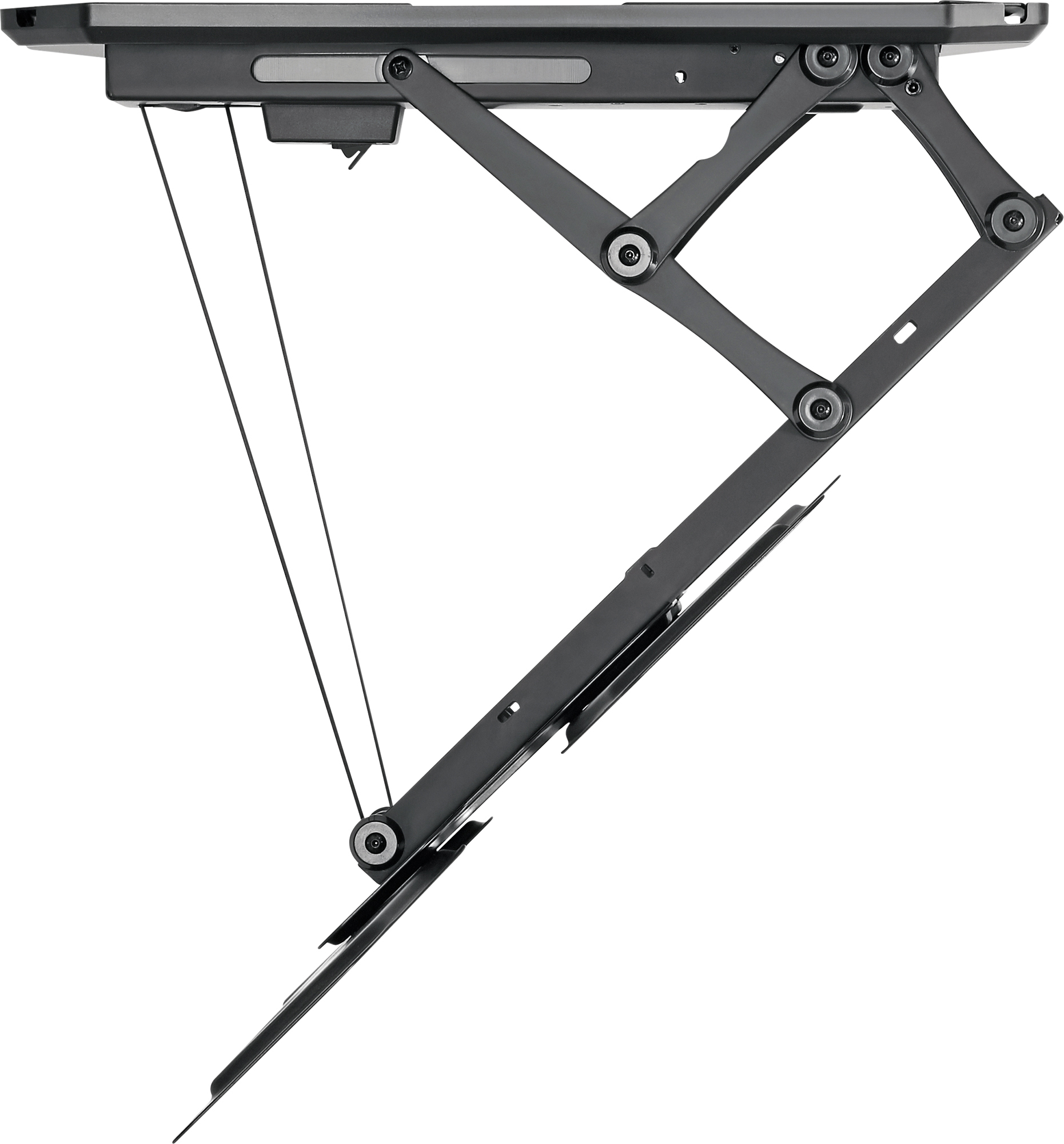 Soporte de techo negro para TV con brazos angulados y cables, sobre fondo blanco.