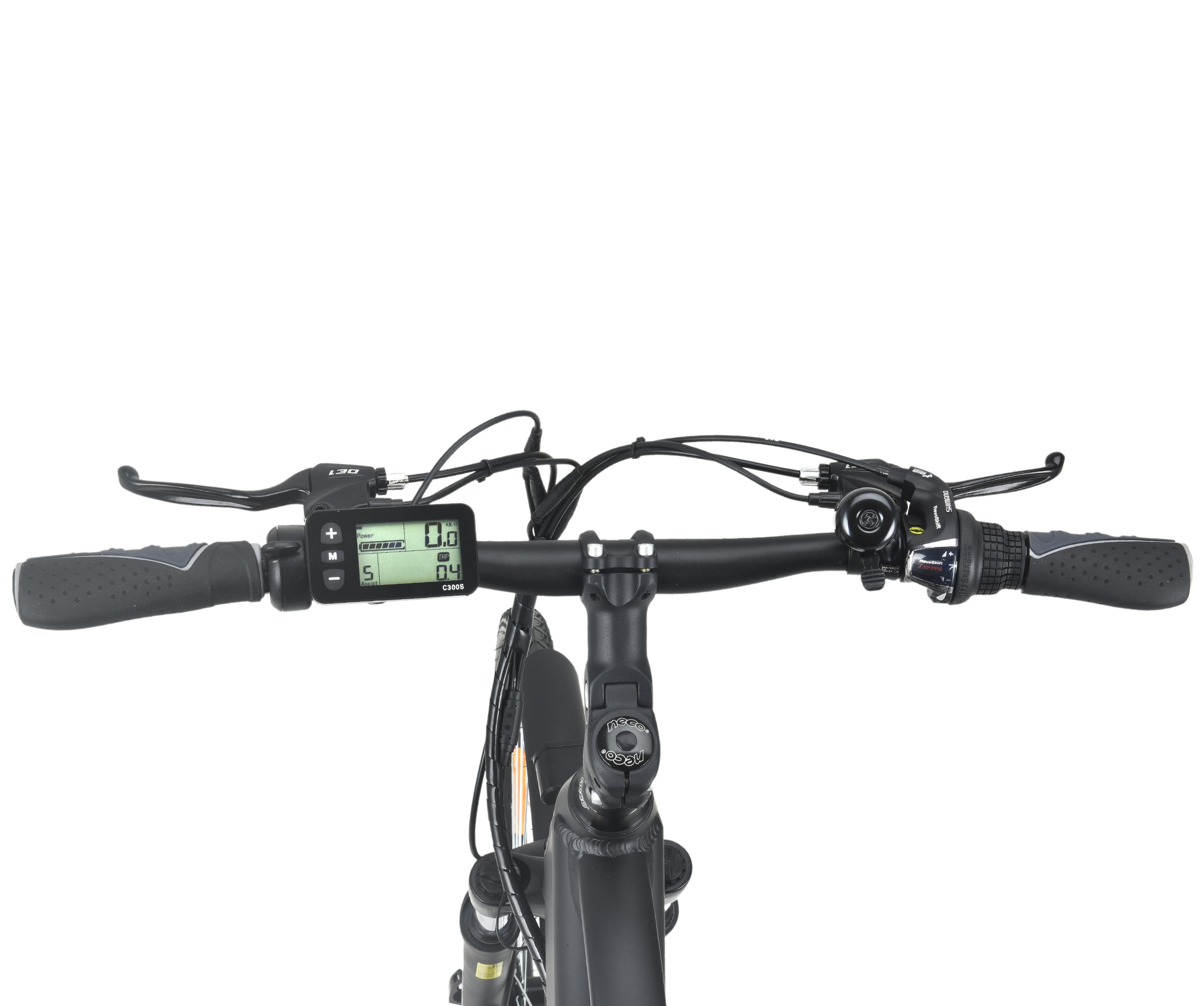 Fahrradlenker mit Bedienelementen und Display. Weißer Hintergrund.