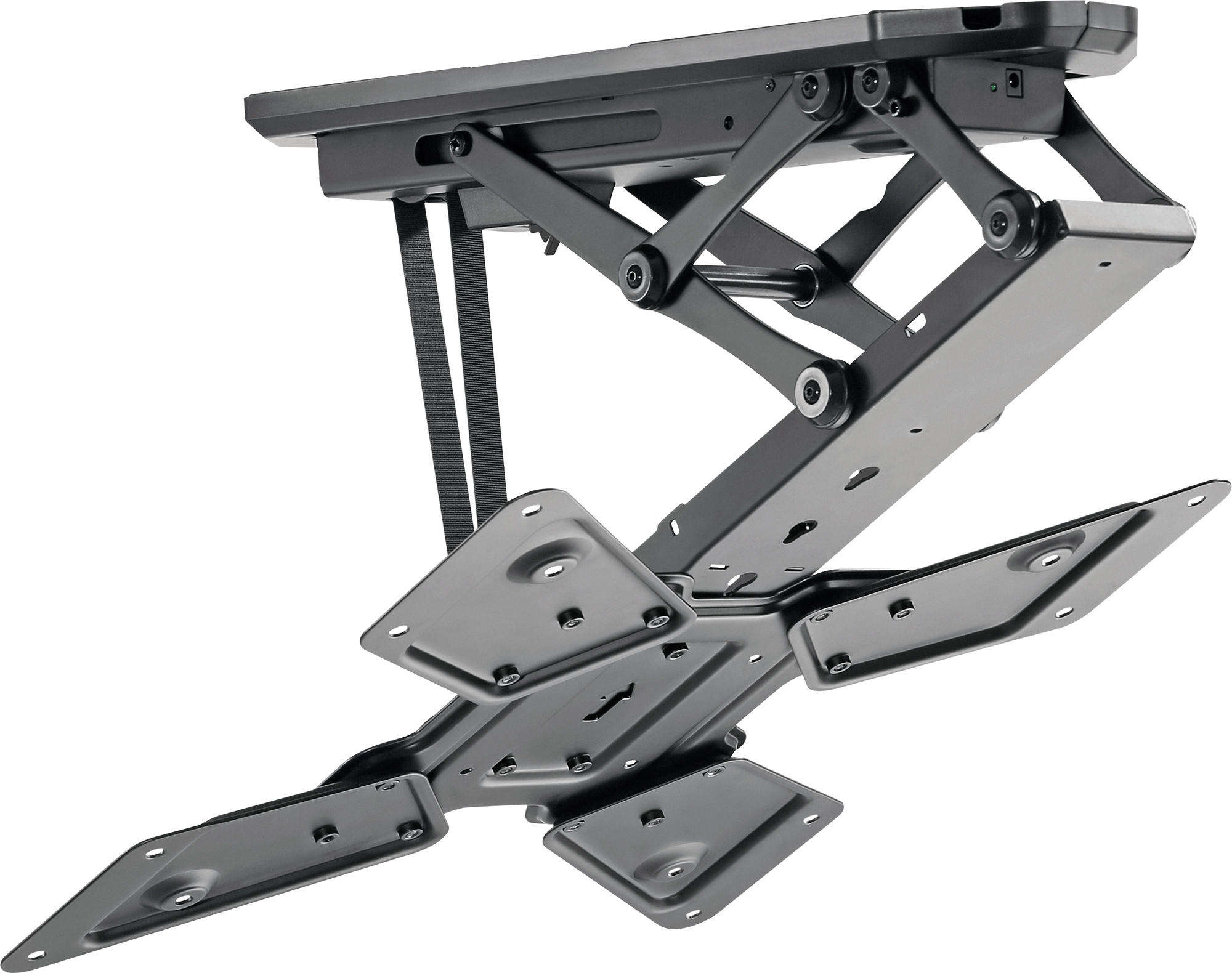 Soporte de techo para TV negro. Tiene varios brazos y placas para fijar un televisor.