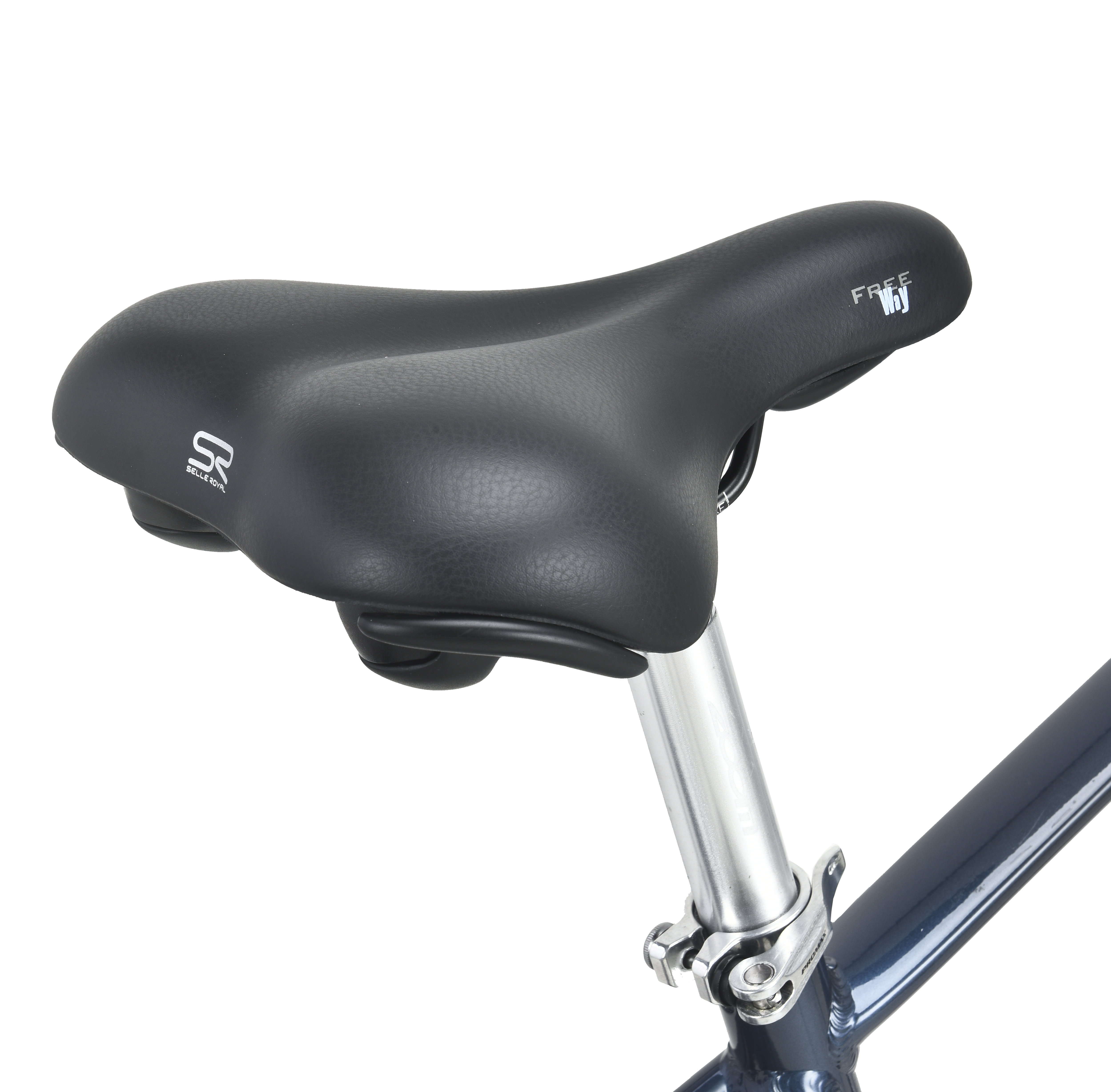 Schwarzer Fahrradsattel an einer silbernen Sattelstütze und einem blauen Fahrradrahmen.