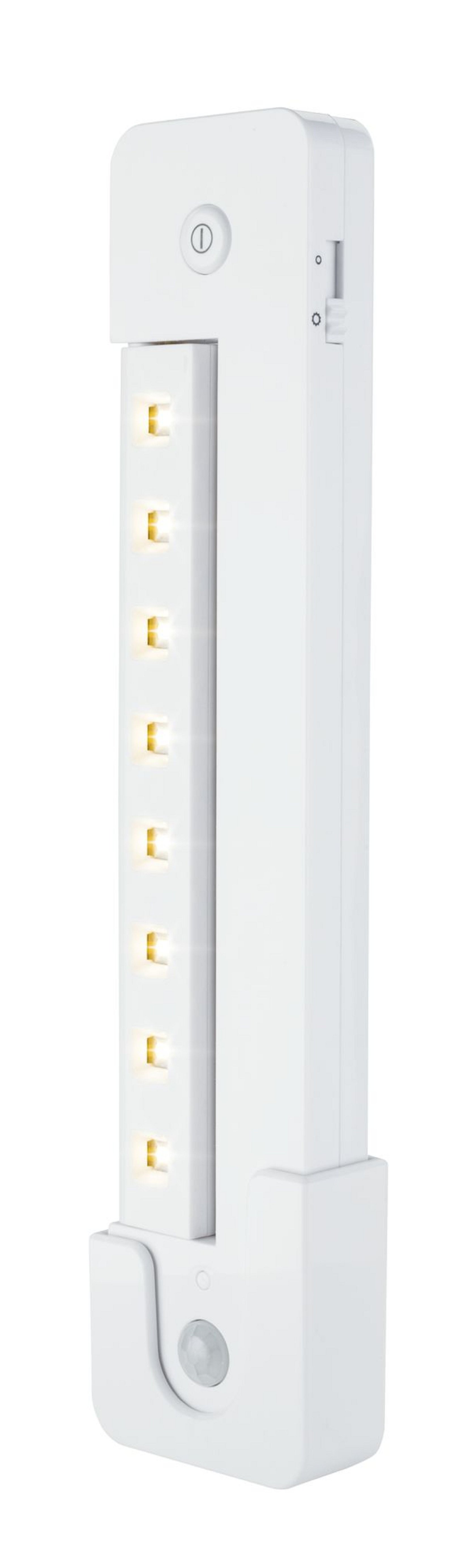 Weiße LED-Leuchte mit Bewegungssensor und Ein/Aus-Taste, vertikale Form.