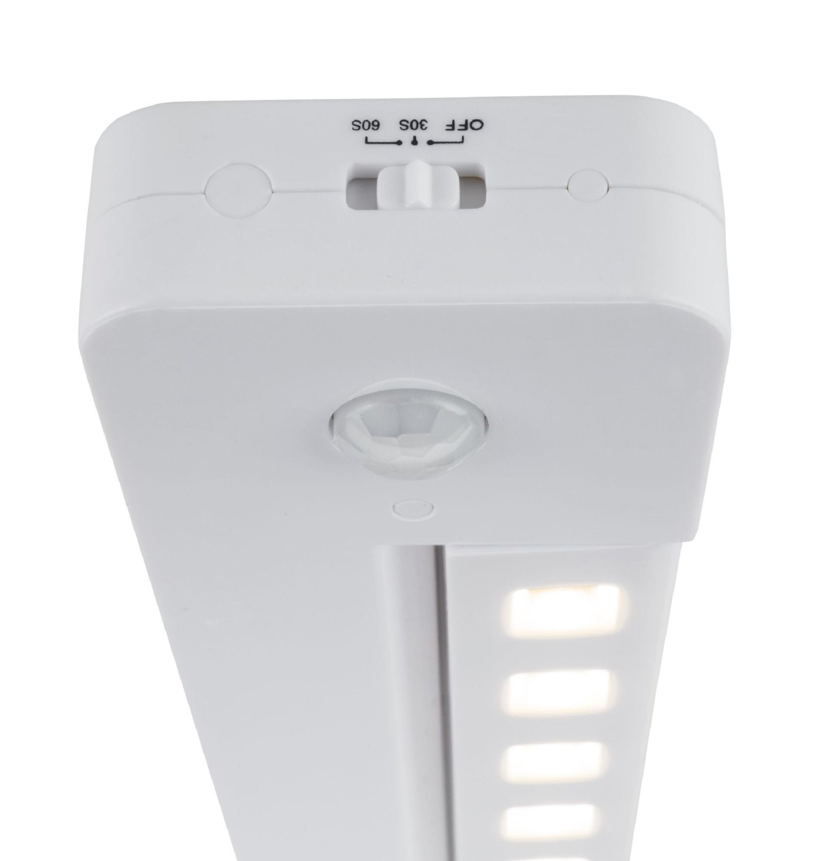 Weißes, rechteckiges LED-Licht mit Sensor und Schalter mit 'OFF', '30s' und '60s'.