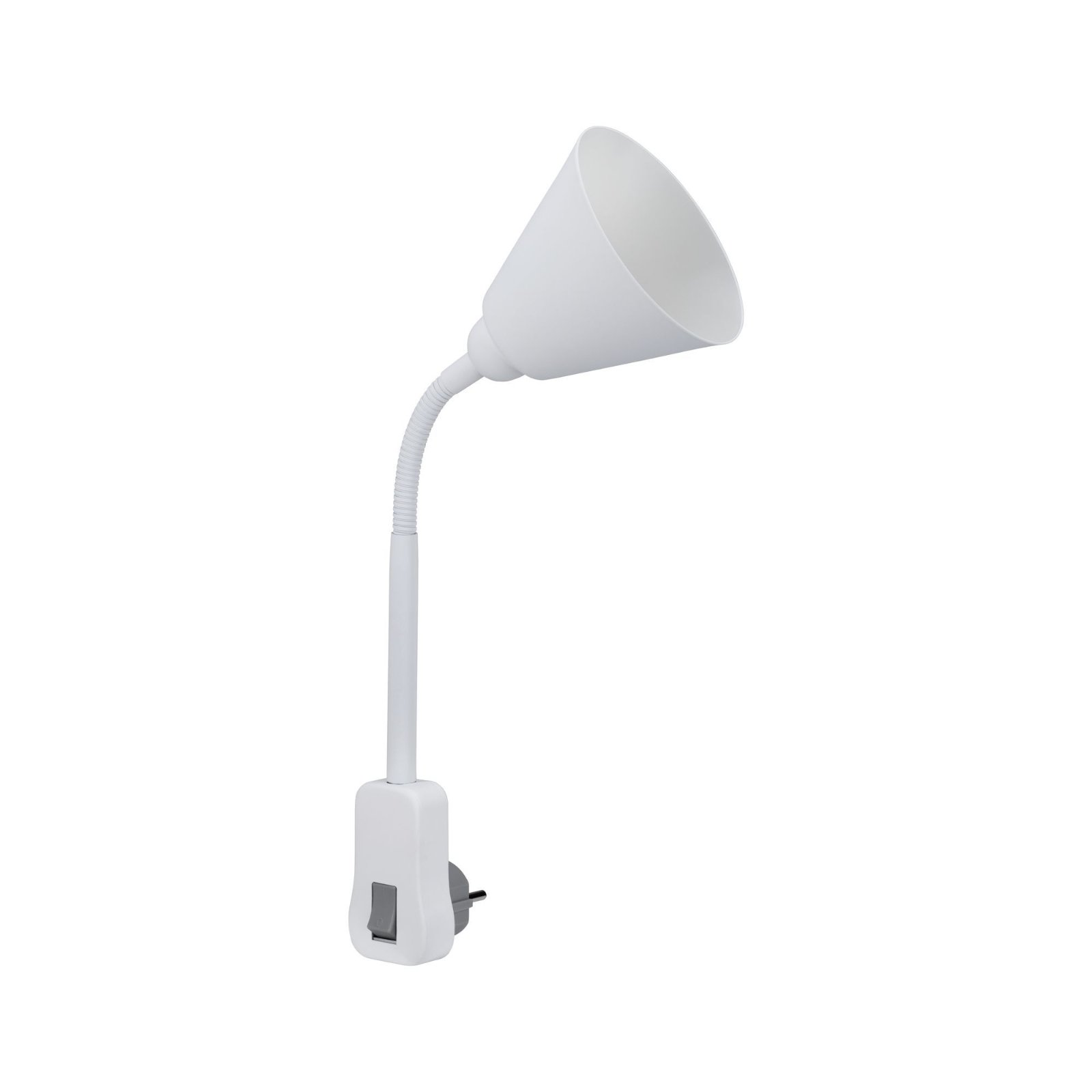Una lampada a collo di cigno bianca con un paralume bianco.