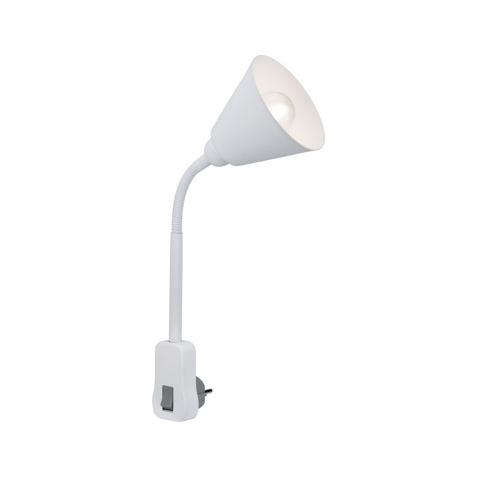 Una lampada da scrivania bianca e regolabile con collo flessibile, su sfondo bianco.