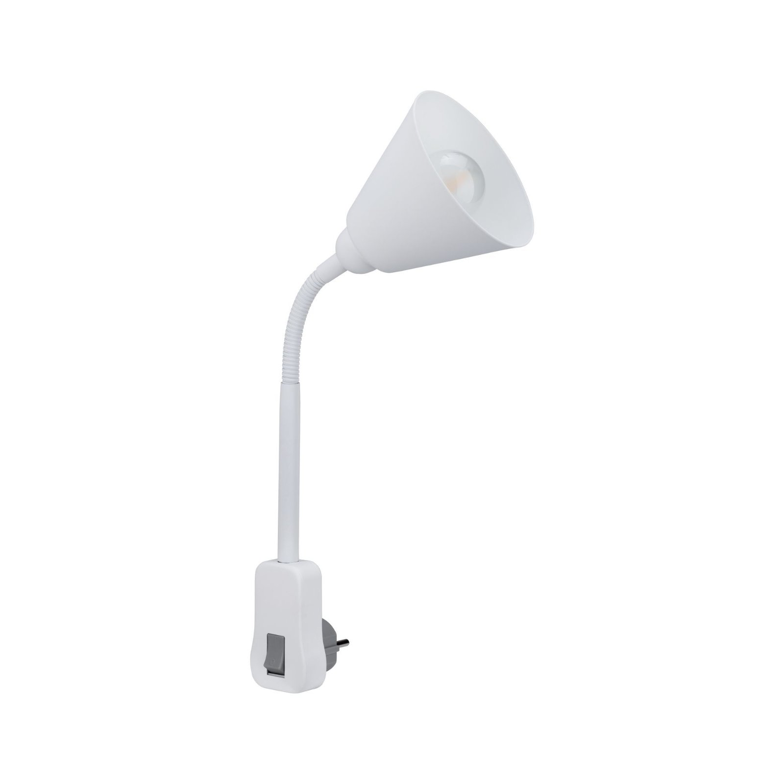 Lampada bianca con collo flessibile e interruttore. La lampada è su sfondo bianco.