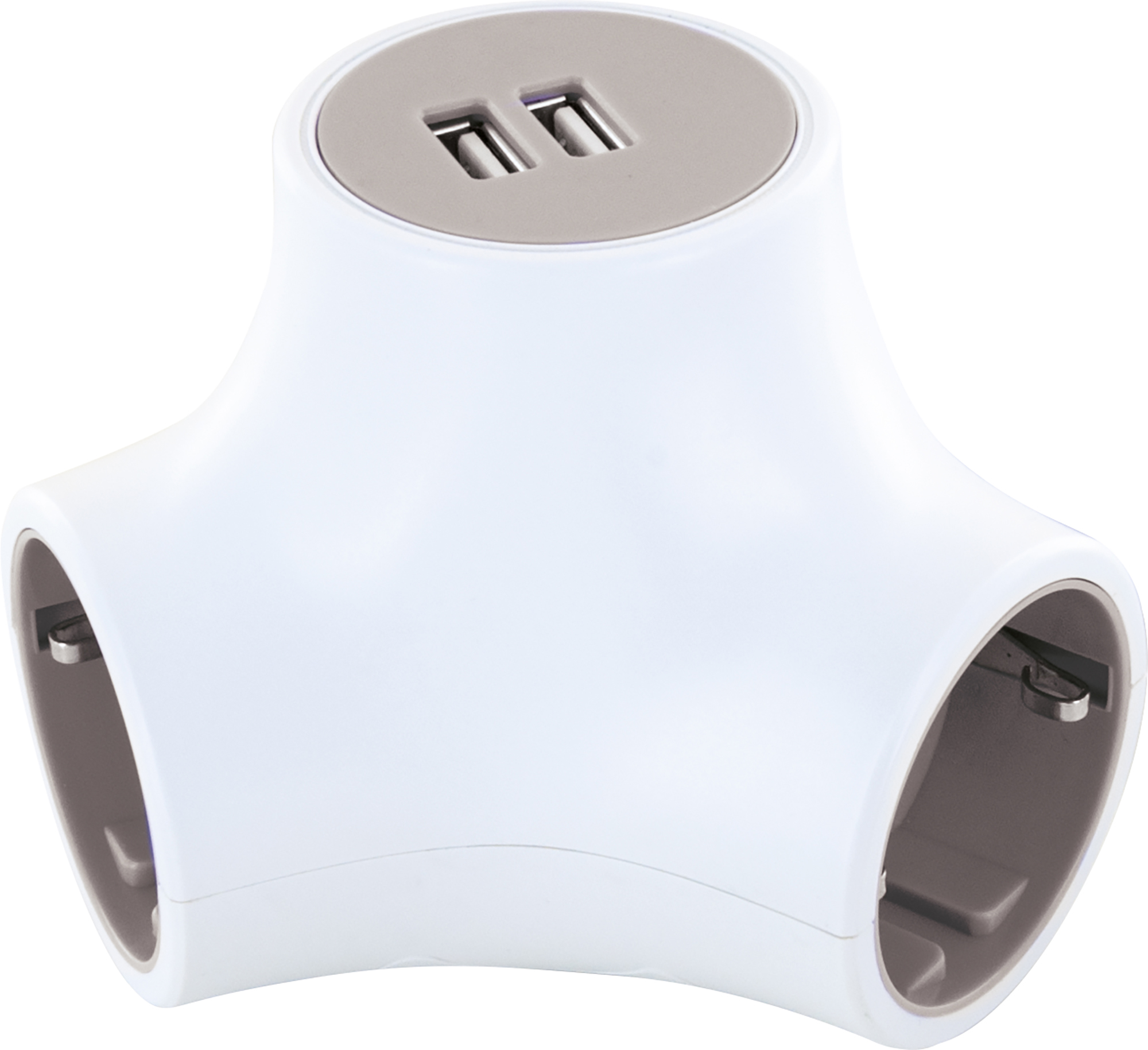 Weißer Drei-Wege-USB-Netzadapter mit zwei USB-Anschlüssen oben und zwei Steckdosen an den Seiten.