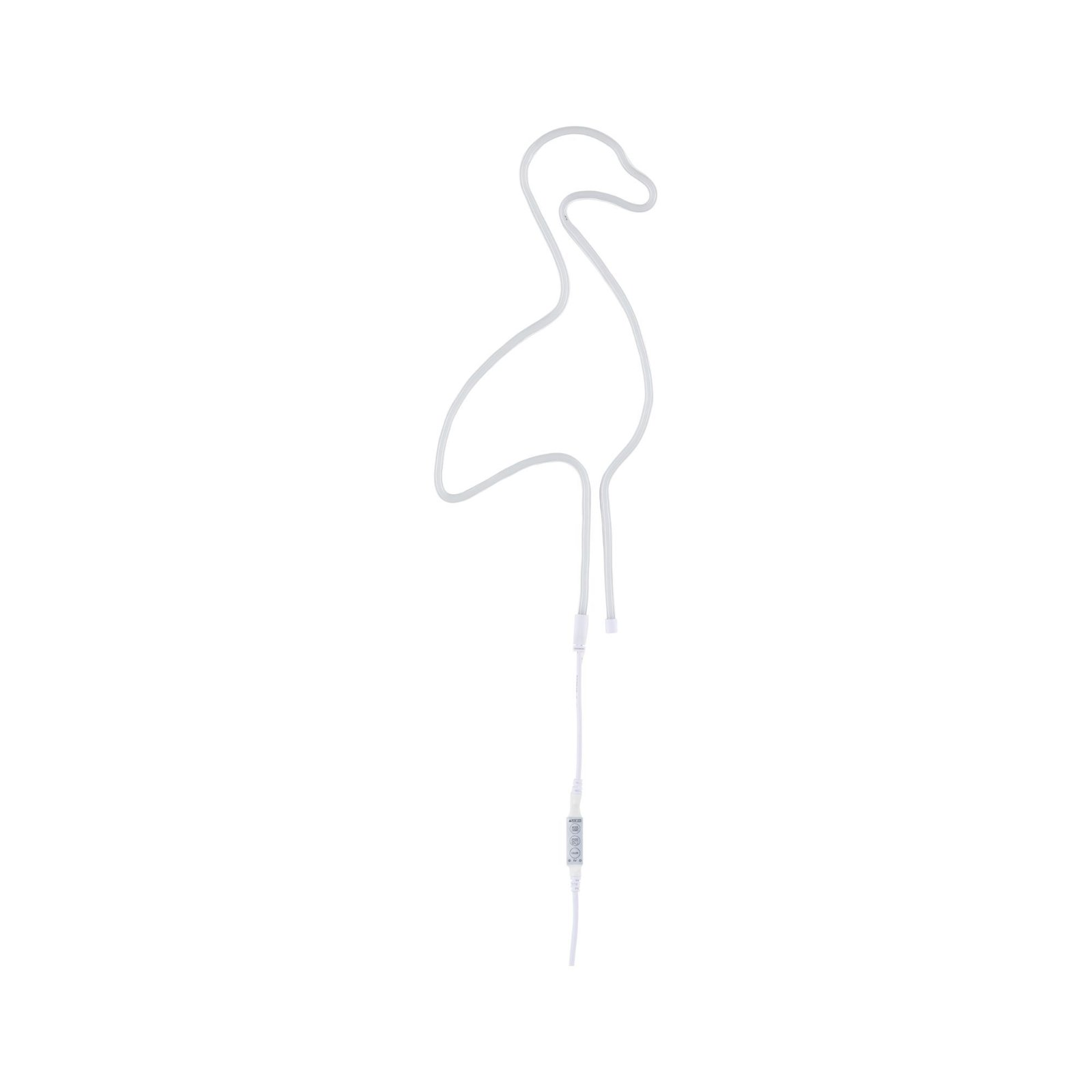 Contorno di fenicottero al neon bianco su sfondo bianco, semplice ed elegante.