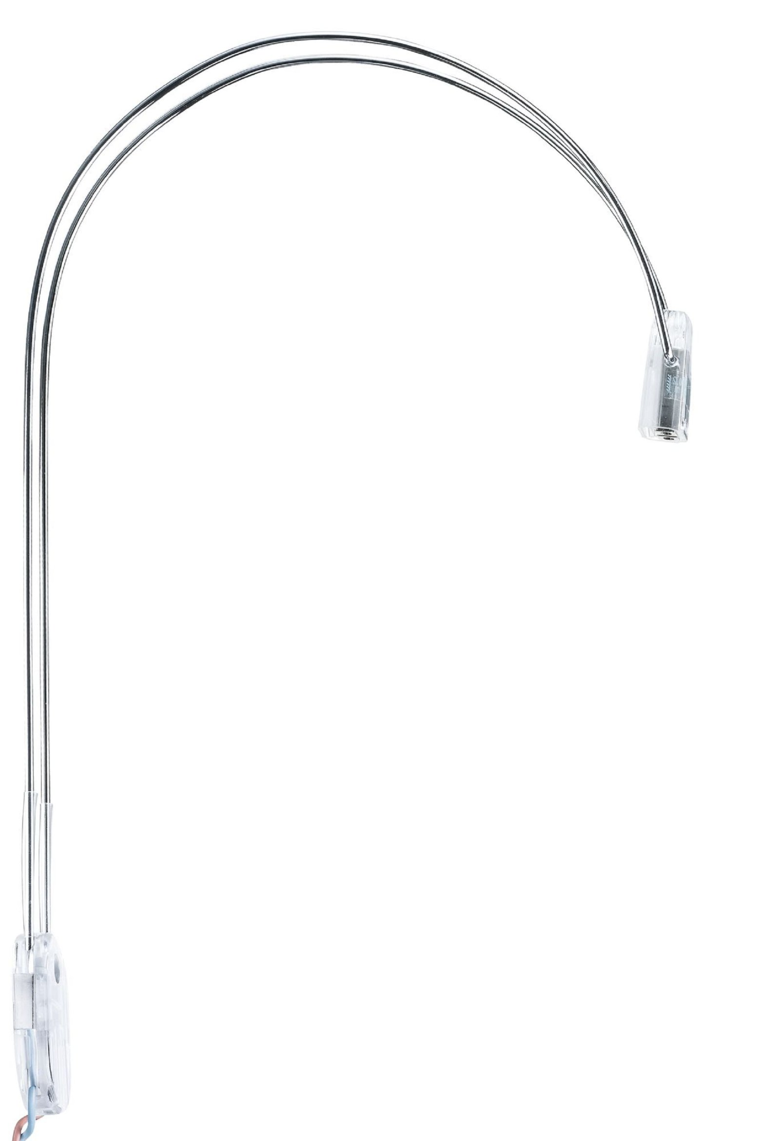 Srebrna, zakrzywiona lampa ze światłem na końcu, na białym tle.