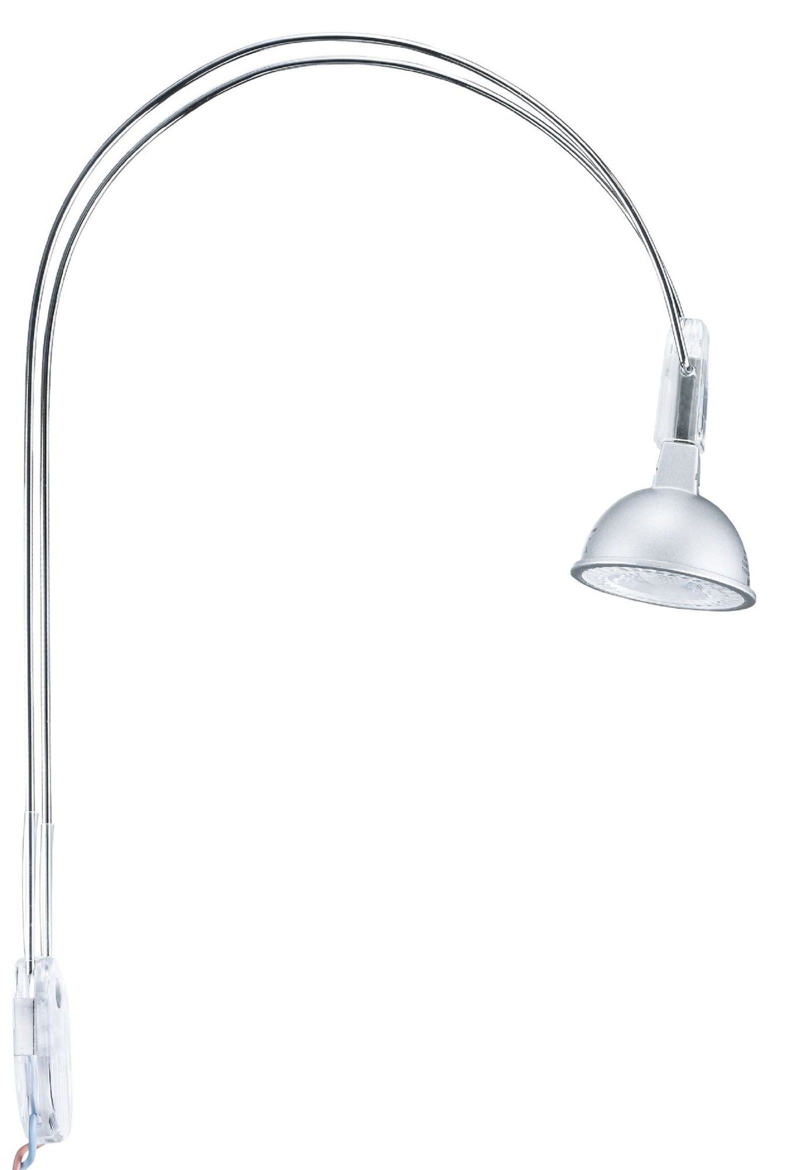 Zakrzywiona chromowana lampa ze światłem na końcu, do czytania.