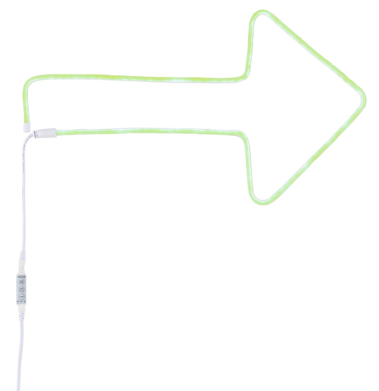 Zielona neonowa strzałka wskazująca w prawo, z białym kablem zasilającym.