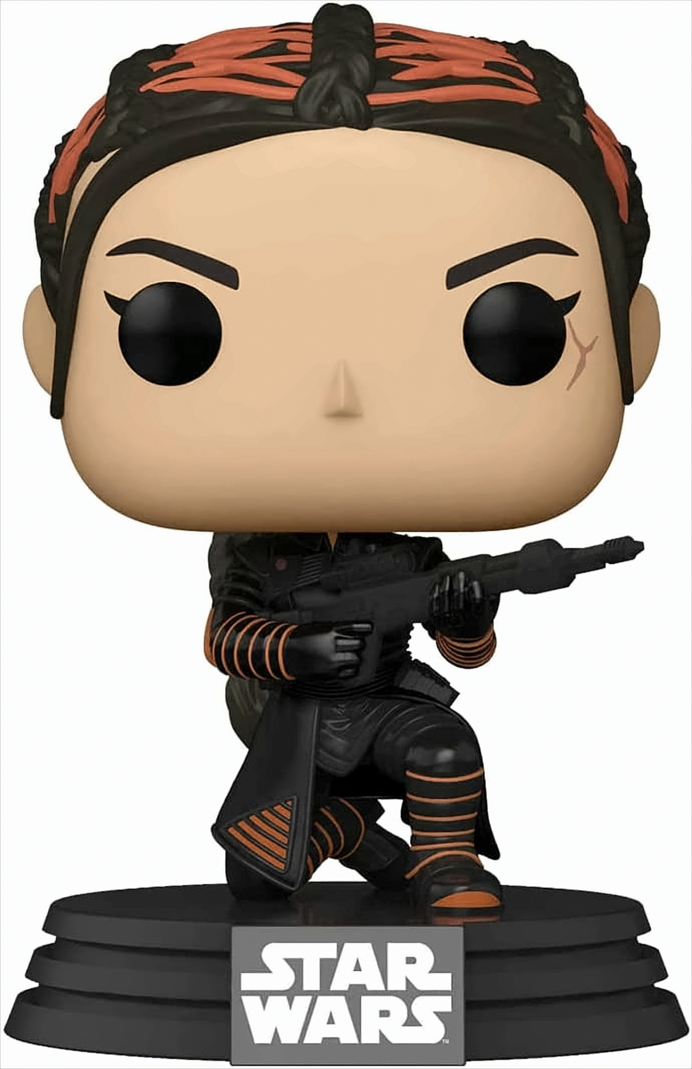 Eine Star Wars Funko Pop Figur eines weiblichen Charakters mit einer Waffe. Auf schwarzer Basis mit Star Wars Logo.
