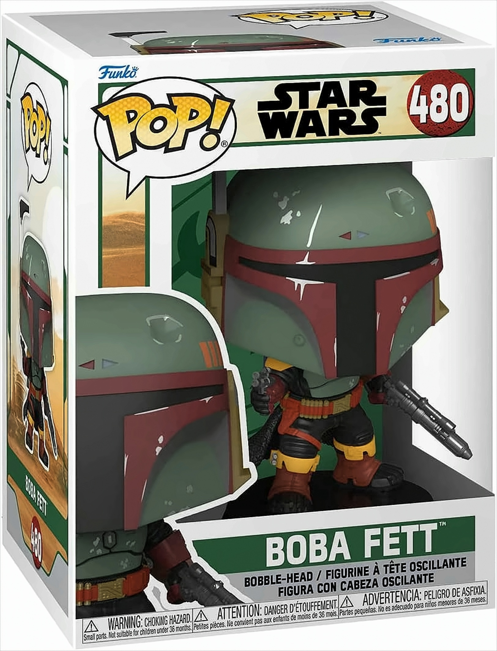 Boba Fett Actionfigur in einer Box. Die Figur ist in einer dynamischen Pose mit einer Waffe.