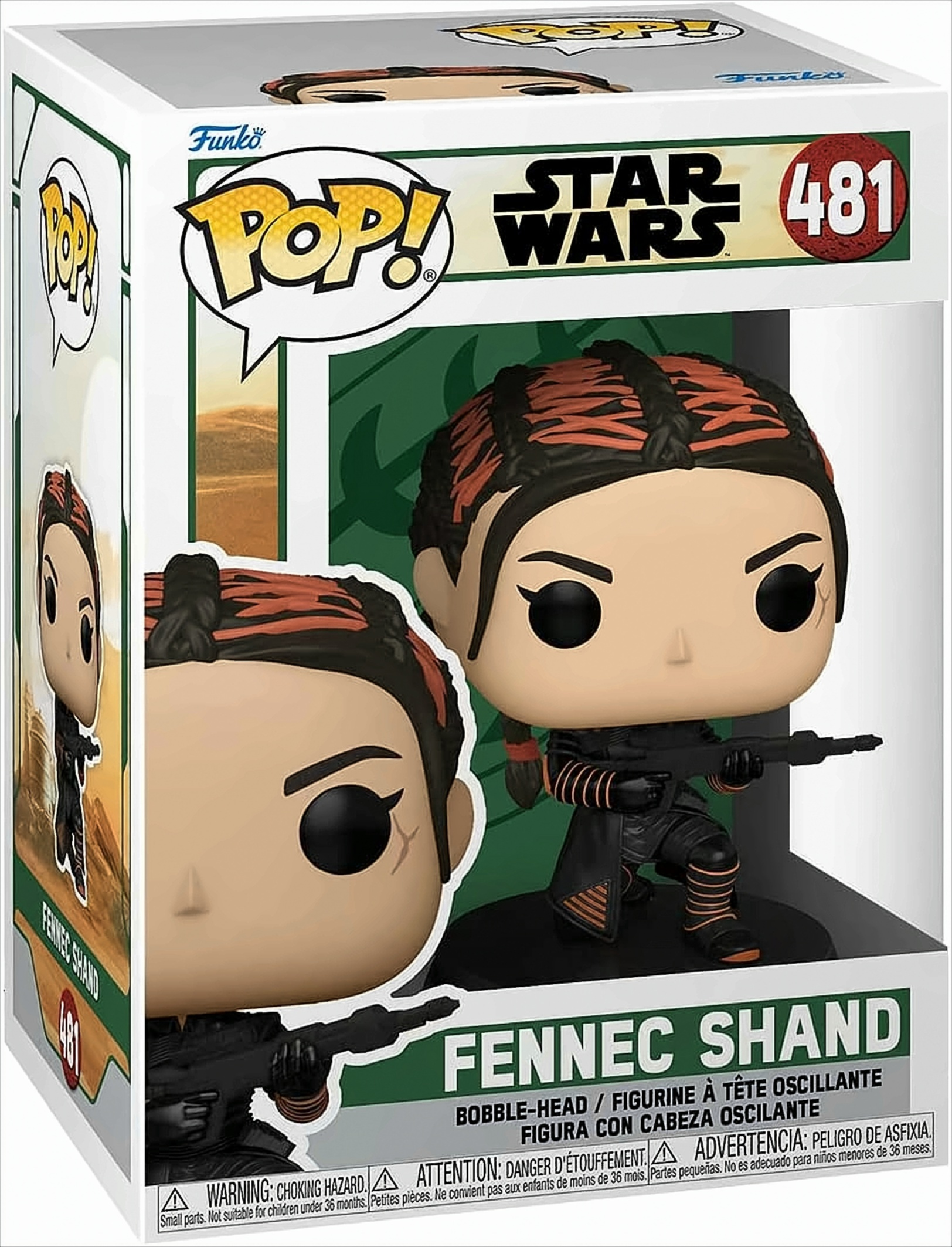 Eine Funko Pop-Figur von Fennec Shand aus Star Wars, in einer Box mit Bildern darauf.