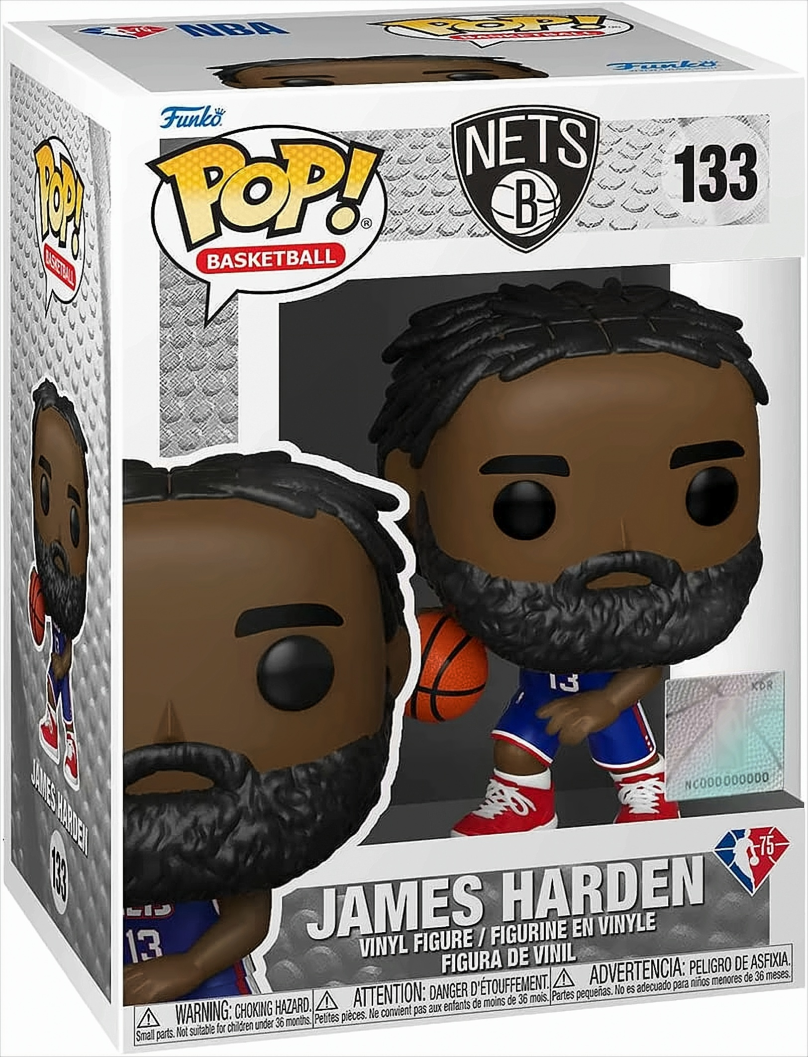 Scatola Funko Pop di James Harden, giocatore dei Nets. La scatola mostra il giocatore con un pallone e la sua maglia.