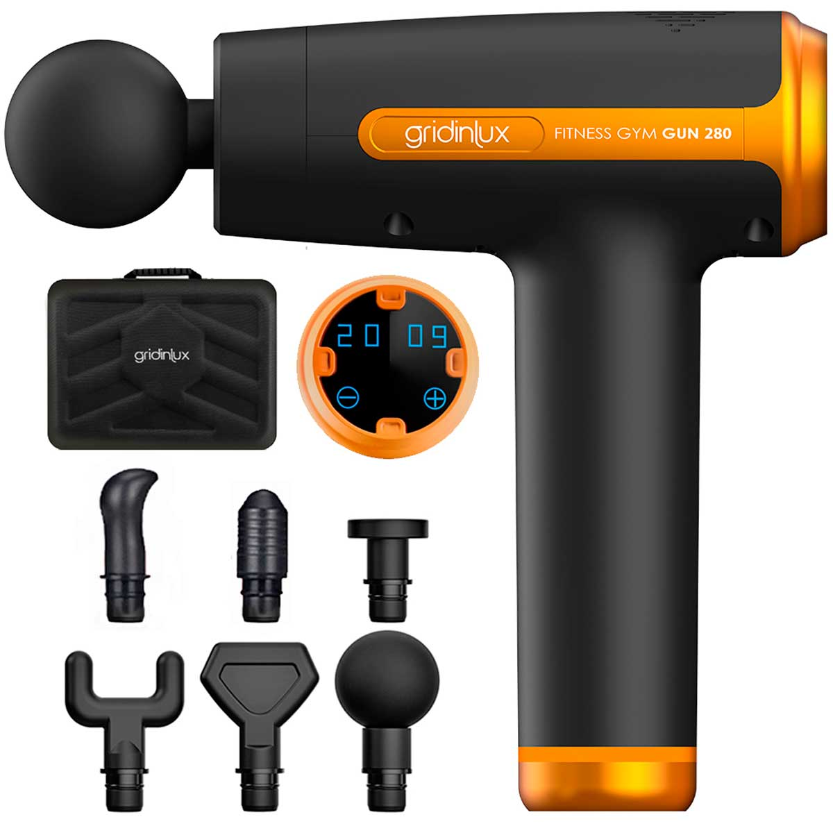 Pistola de Masaje Fitness GUN 280 - GRIDINLUX, 20velocidades, Negro y naranja