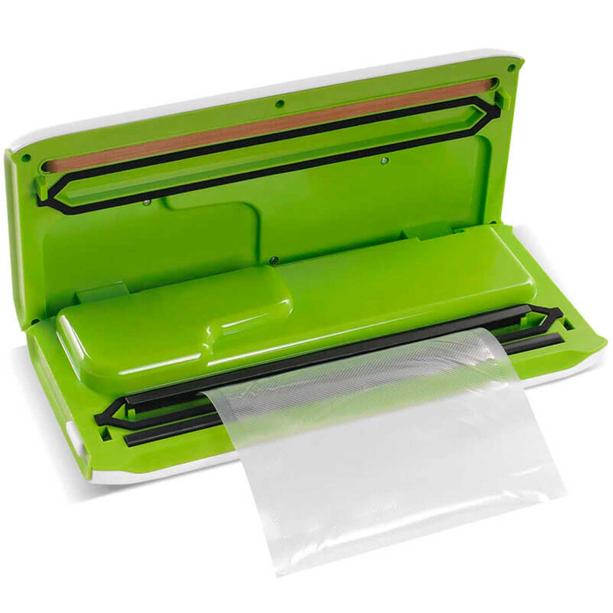 Selladora al vacío verde y blanca, abierta con bolsa lista para sellar.