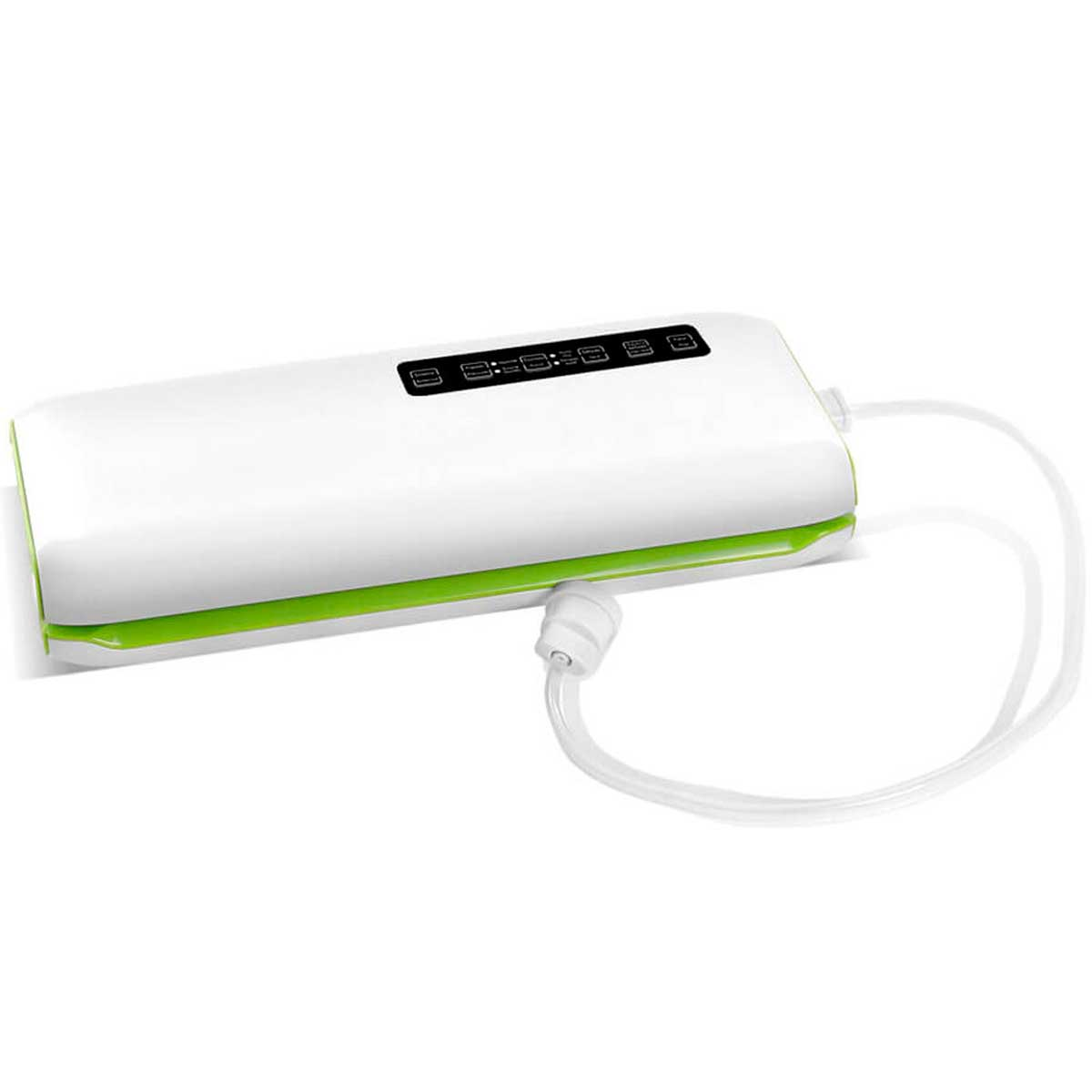 Selladora al vacío blanca y verde con un tubo transparente adjunto.