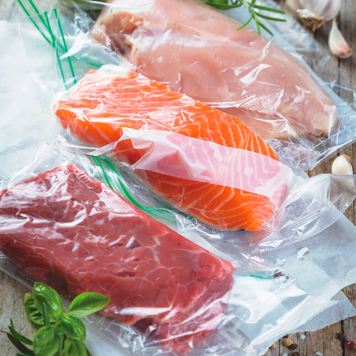 Tres bolsas selladas de carne: pollo, salmón y ternera, sobre una superficie de madera con ajo y hierbas.