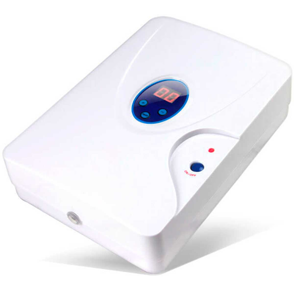 Dispositivo rectangular blanco con pantalla y botones azules. Tiene botón de encendido/apagado.