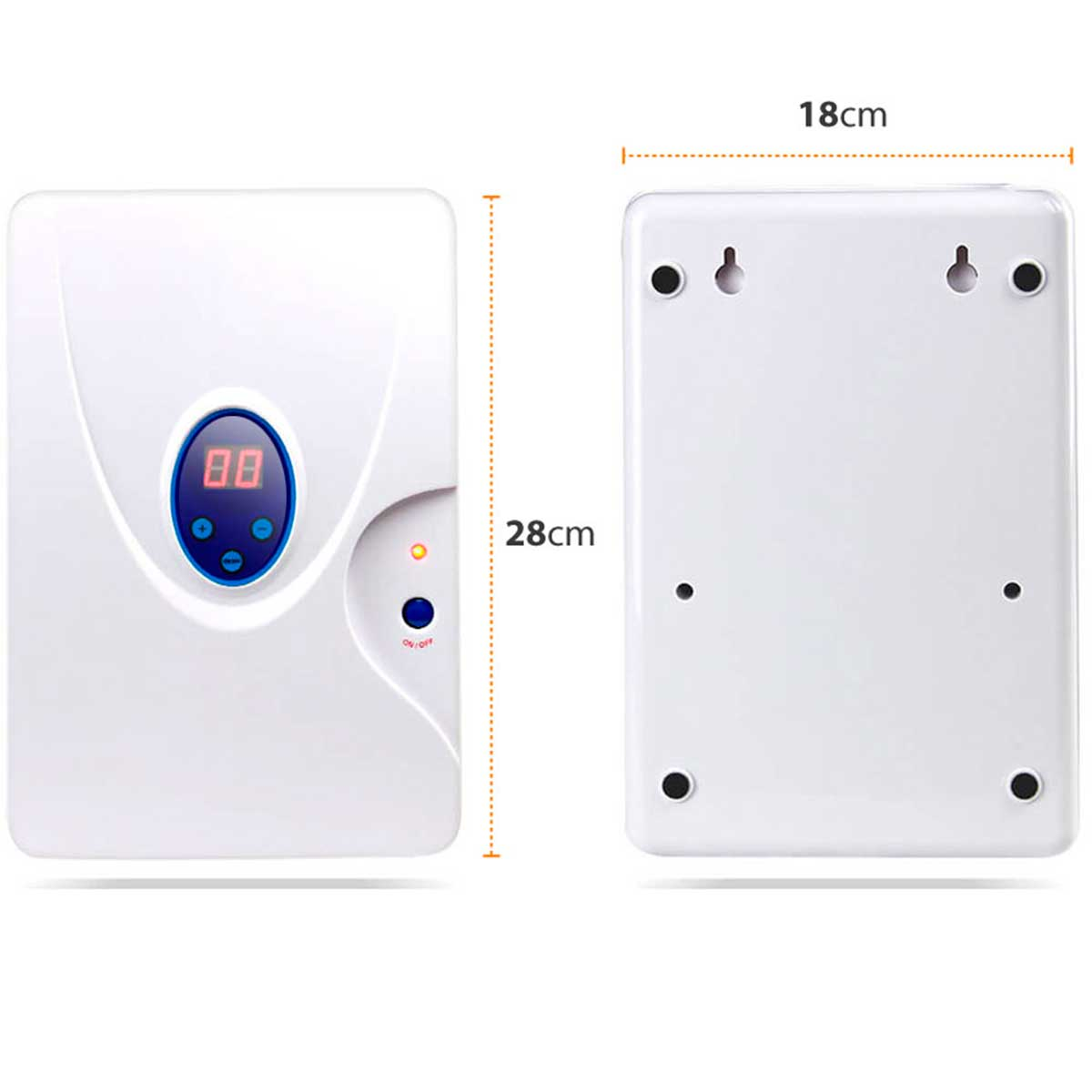 Una alarma digital blanca con dimensiones mostradas. La parte frontal muestra la pantalla y los botones. La parte trasera tiene agujeros.