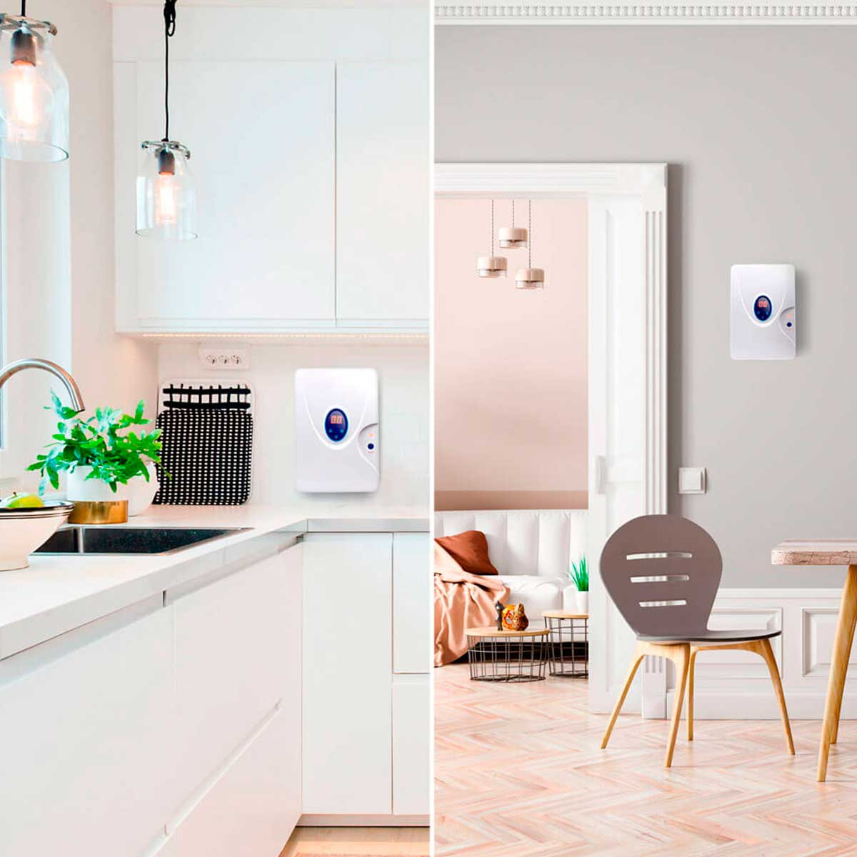 Dos escenas de interior con un electrodoméstico blanco en la pared y una sala de estar.