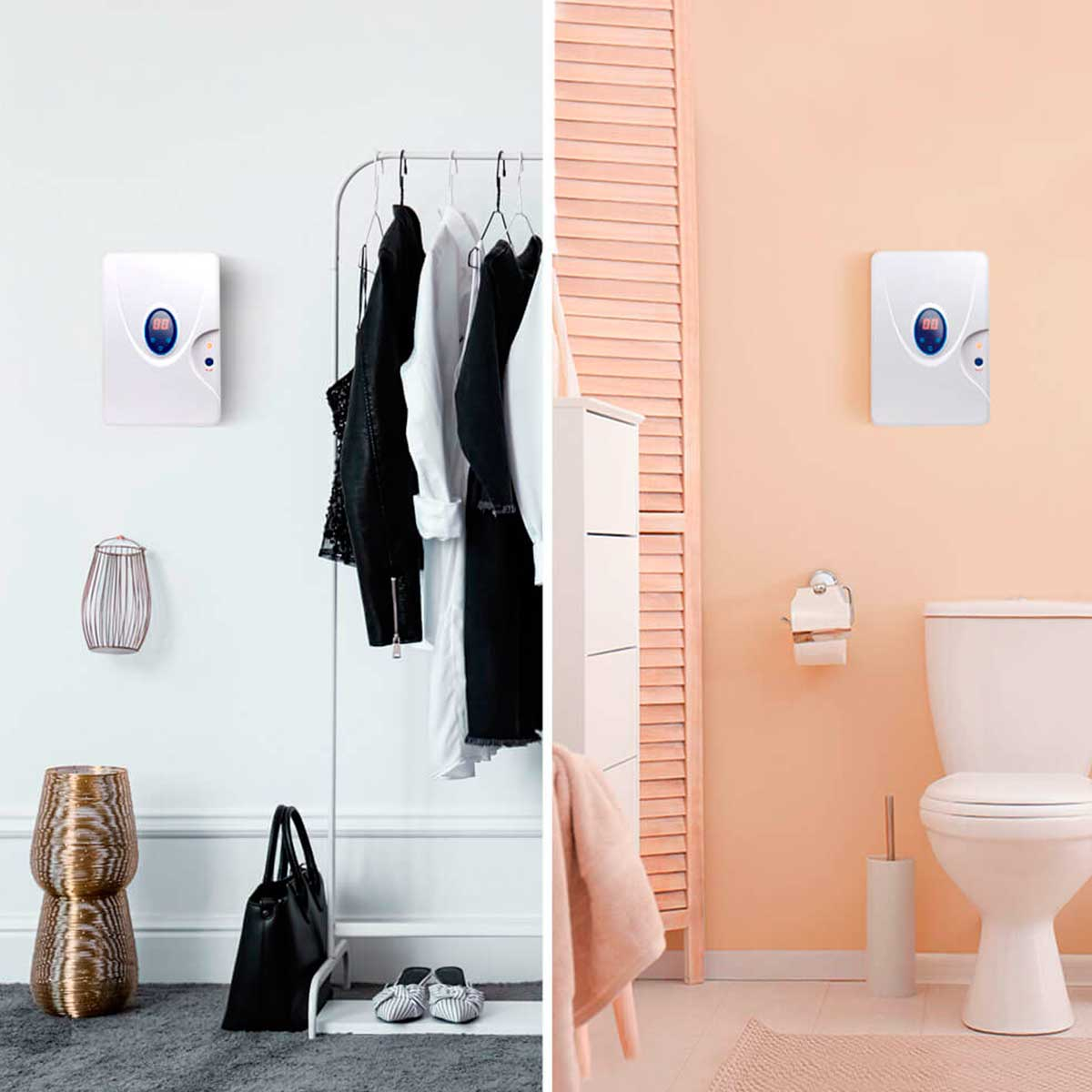 Dos imágenes que muestran un ambientador blanco en una pared y a la derecha, en un baño.