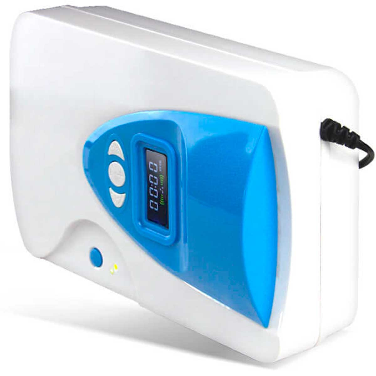 Un dispositivo electrónico blanco y azul con una pantalla y botones. Cable de alimentación negro adjunto.