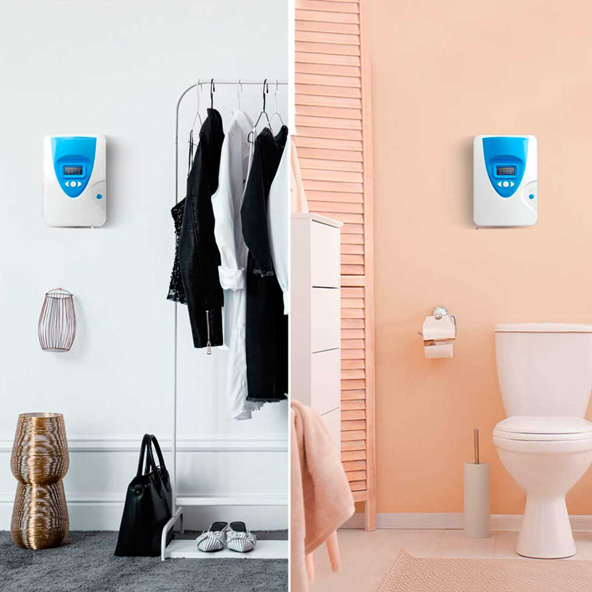 Dos escenas de una habitación con purificadores de aire. Una con ropa, otra con un inodoro.