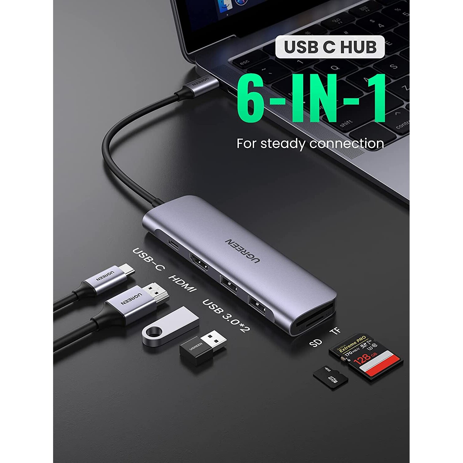 Hub USB-C podłączony do laptopa, zawiera różne porty i podłączone urządzenia USB.