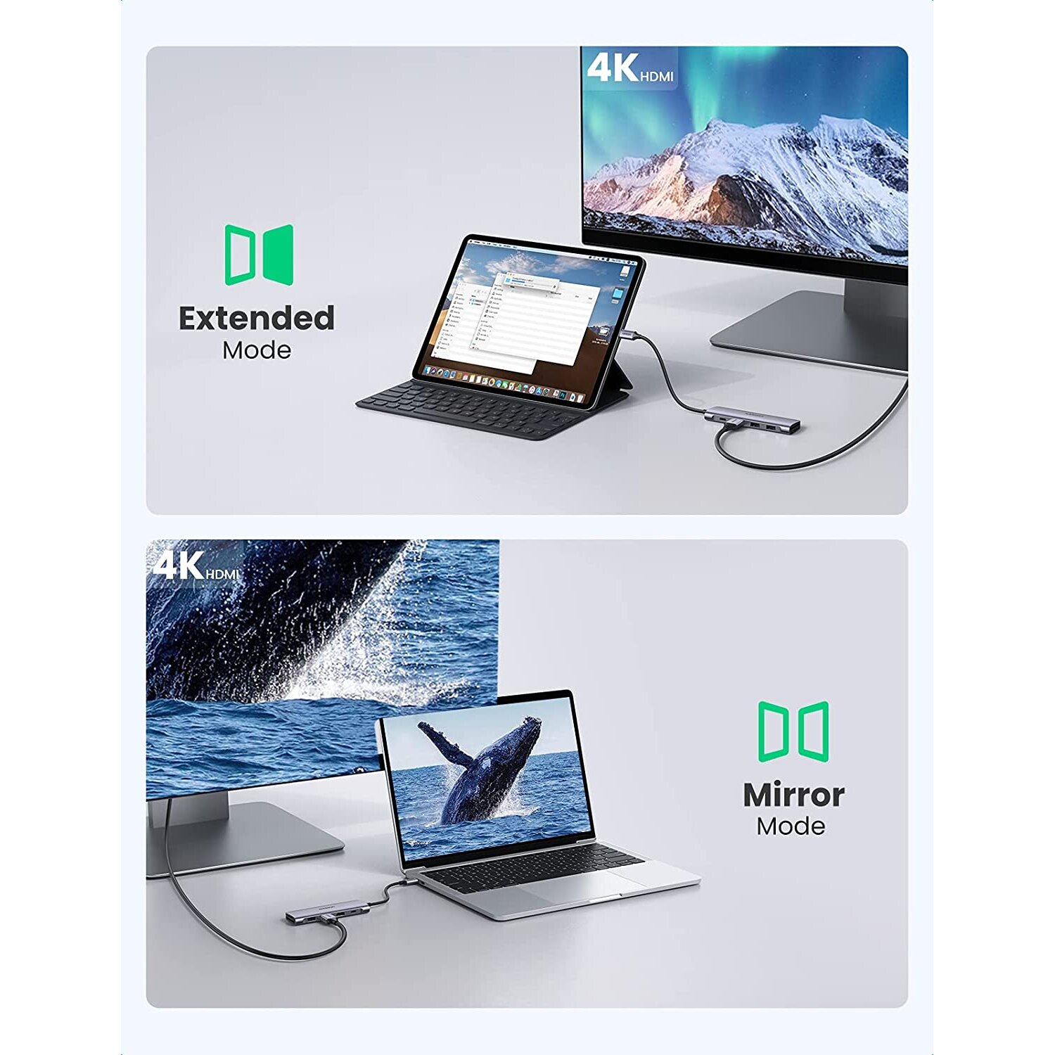 Dwa obrazy pokazujące tablet podłączony do monitora i laptop w trybie lustrzanym na monitorze.