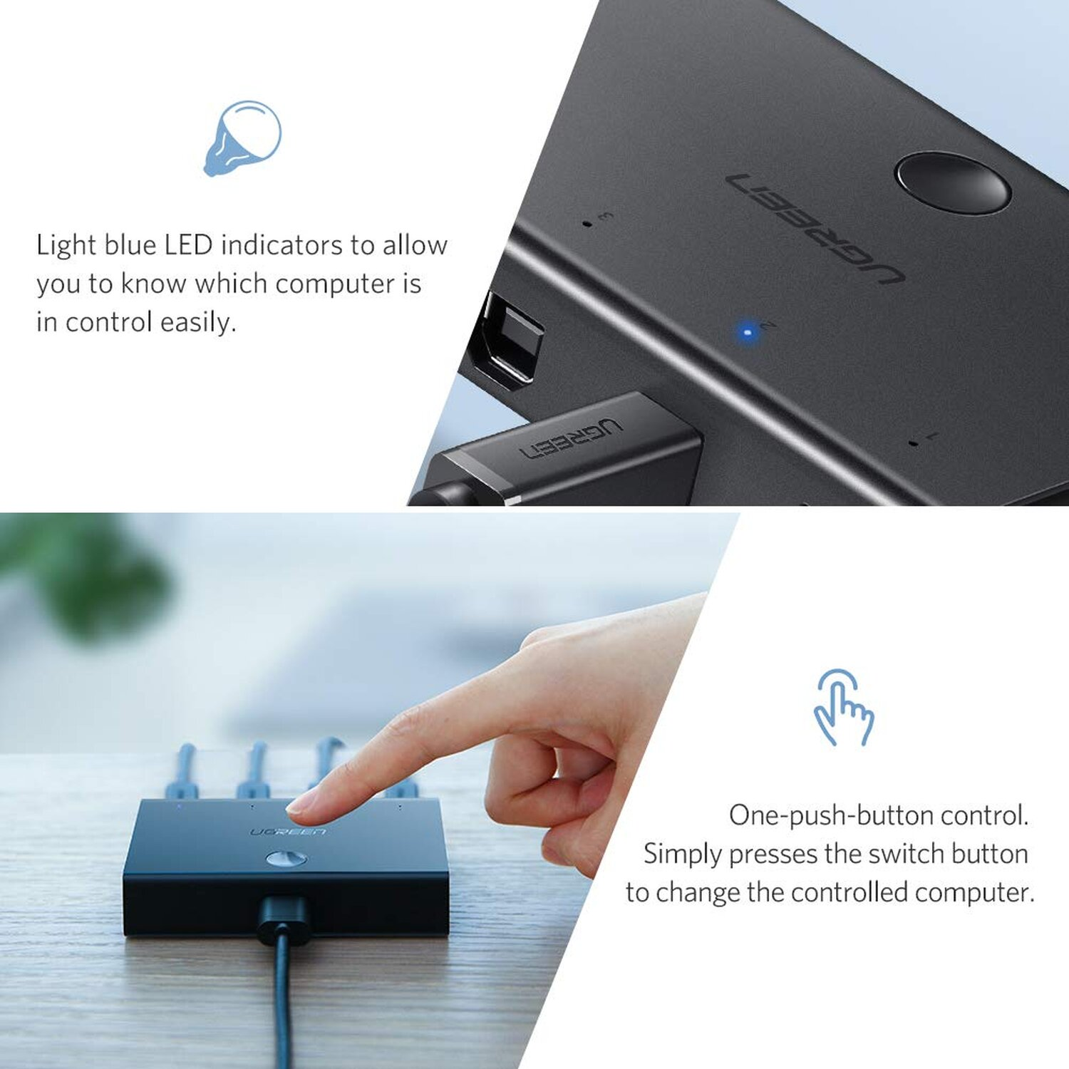 Schwarzer UGREEN USB-Schalter mit angeschlossenem Kabel. Eine Hand drückt die Schaltertaste. Blaue LEDs leuchten.