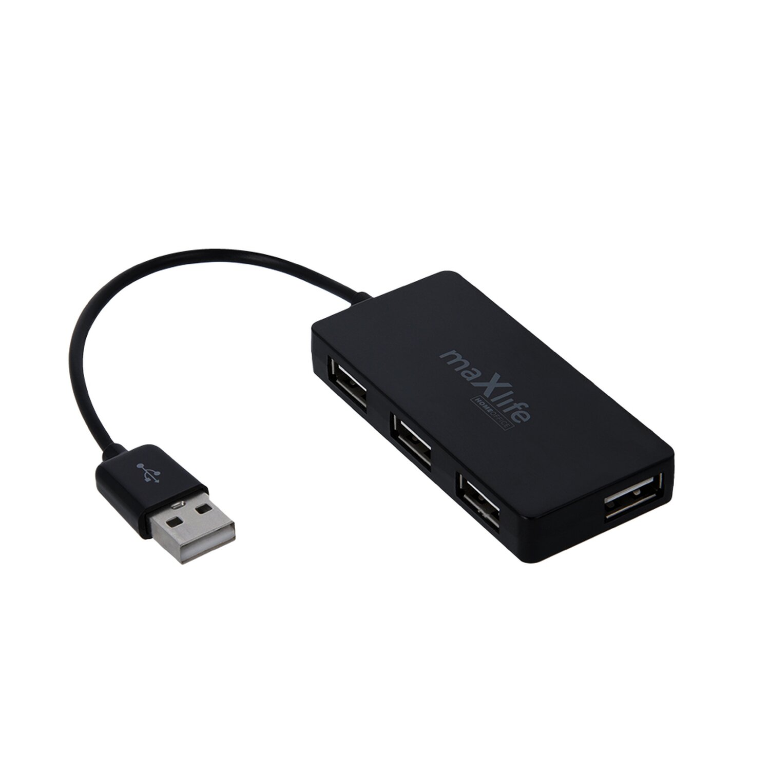 Schwarzer USB-Hub mit vier Anschlüssen, einem USB-Stecker und einem Kabel.