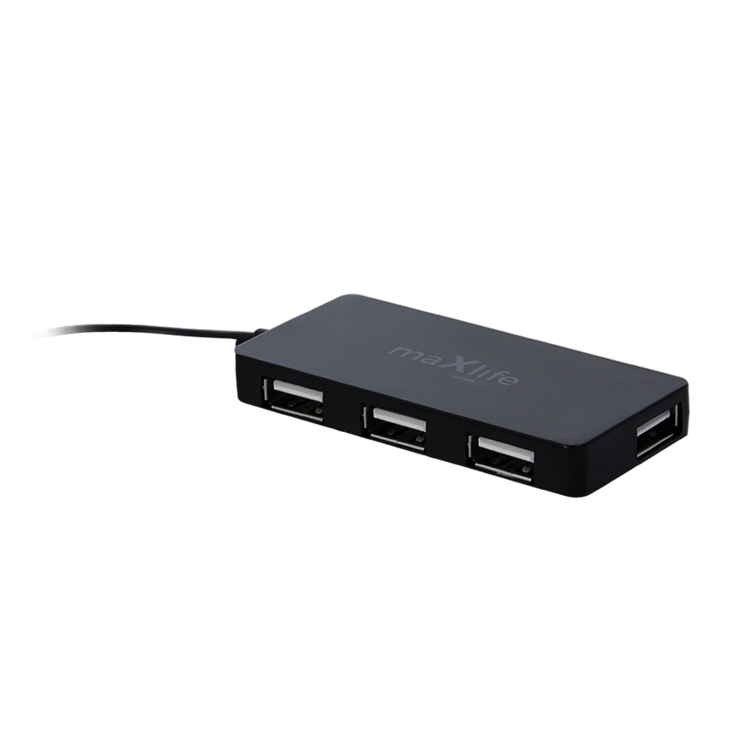 Schwarzer USB-Hub mit vier Anschlüssen. Der Hub hat das Logo 'maxLife'.