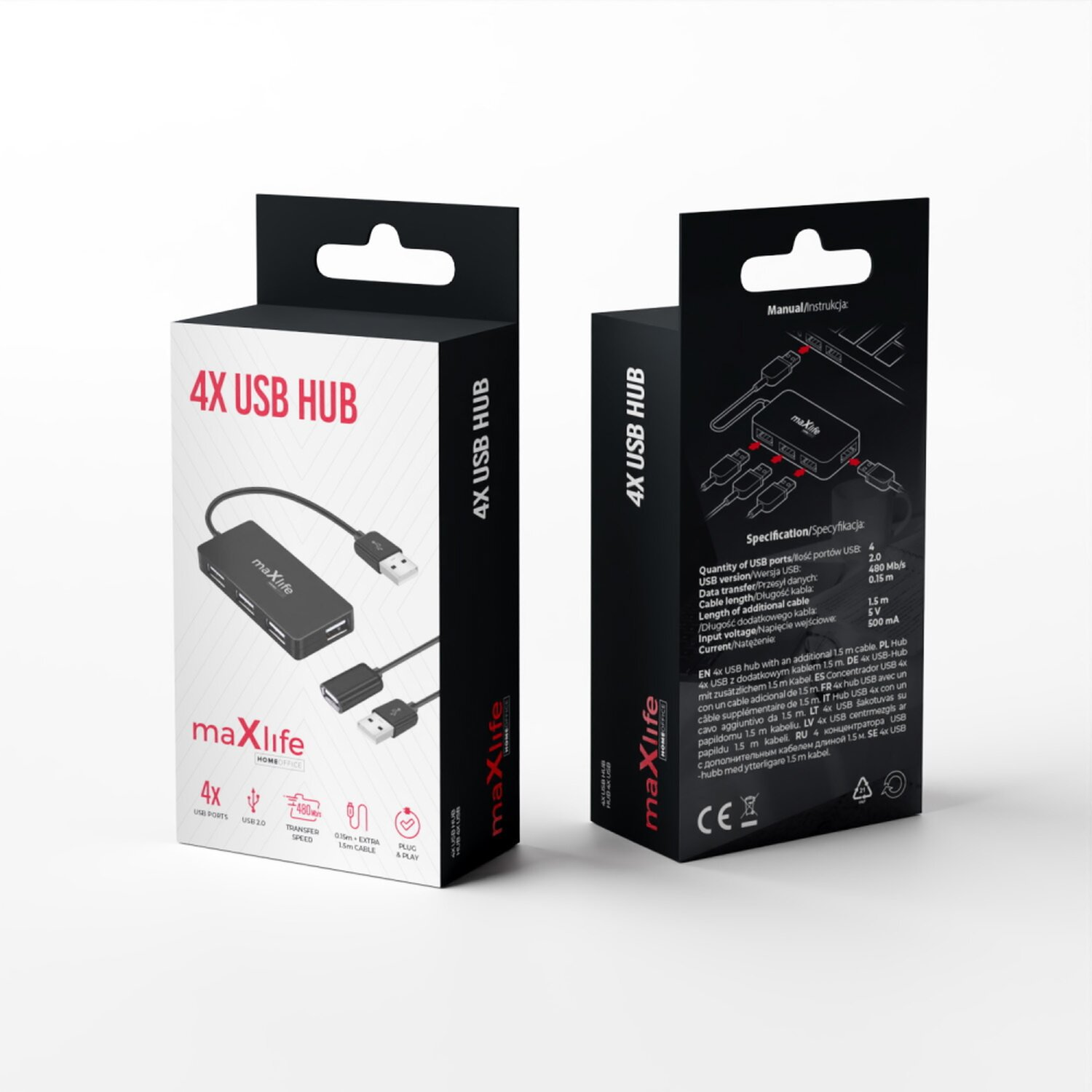 Schwarze und weiße Boxen mit der Aufschrift "4X USB HUB" und einem USB-Hub darin.