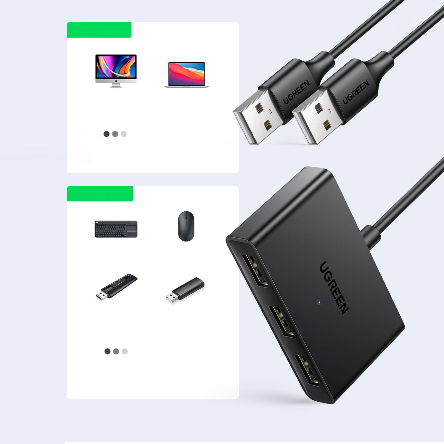 Un hub con più porte e due cavi USB. Lo sfondo mostra un computer e altri dispositivi.