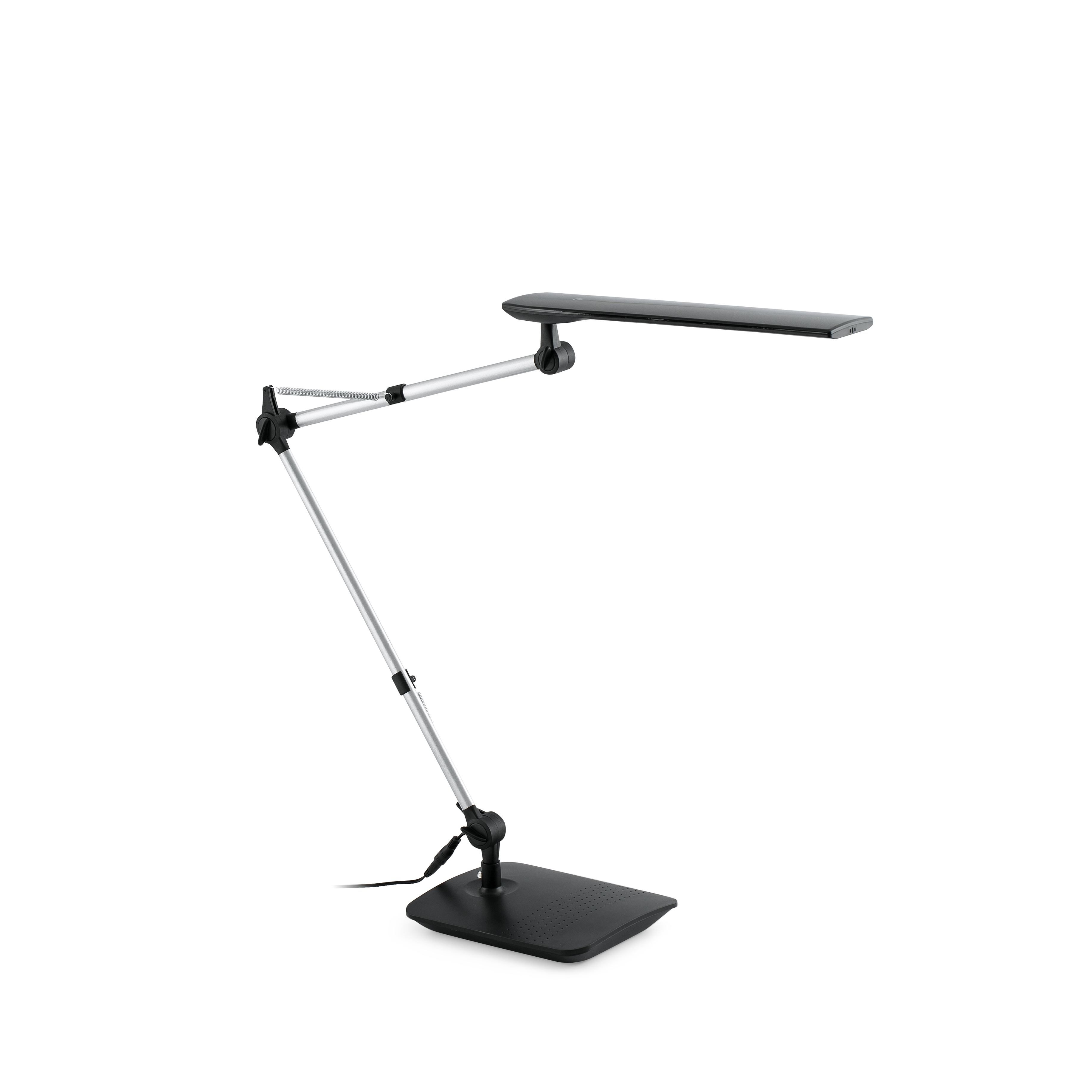 Lampada da scrivania nera con braccio regolabile e testa rettangolare.