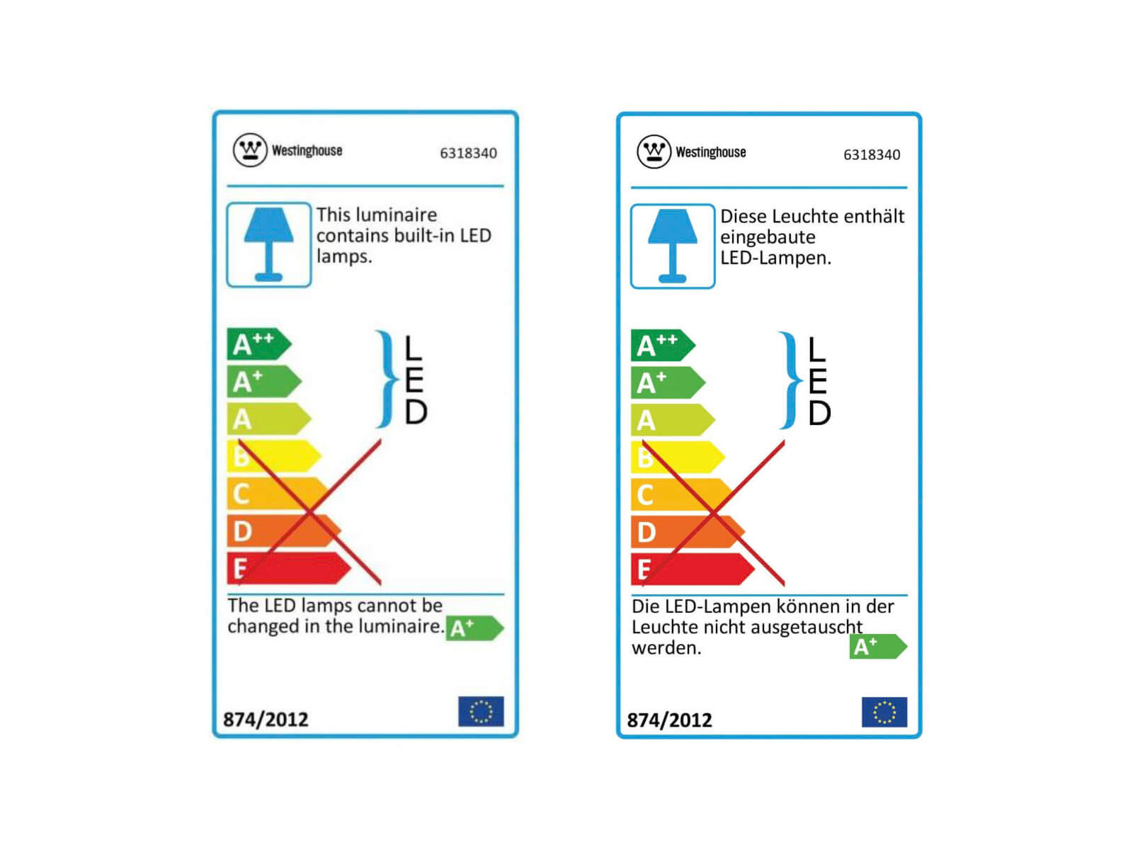 Zwei Energielabel. Sie zeigen Informationen zu LED-Lampen und deren Energieeffizienz.