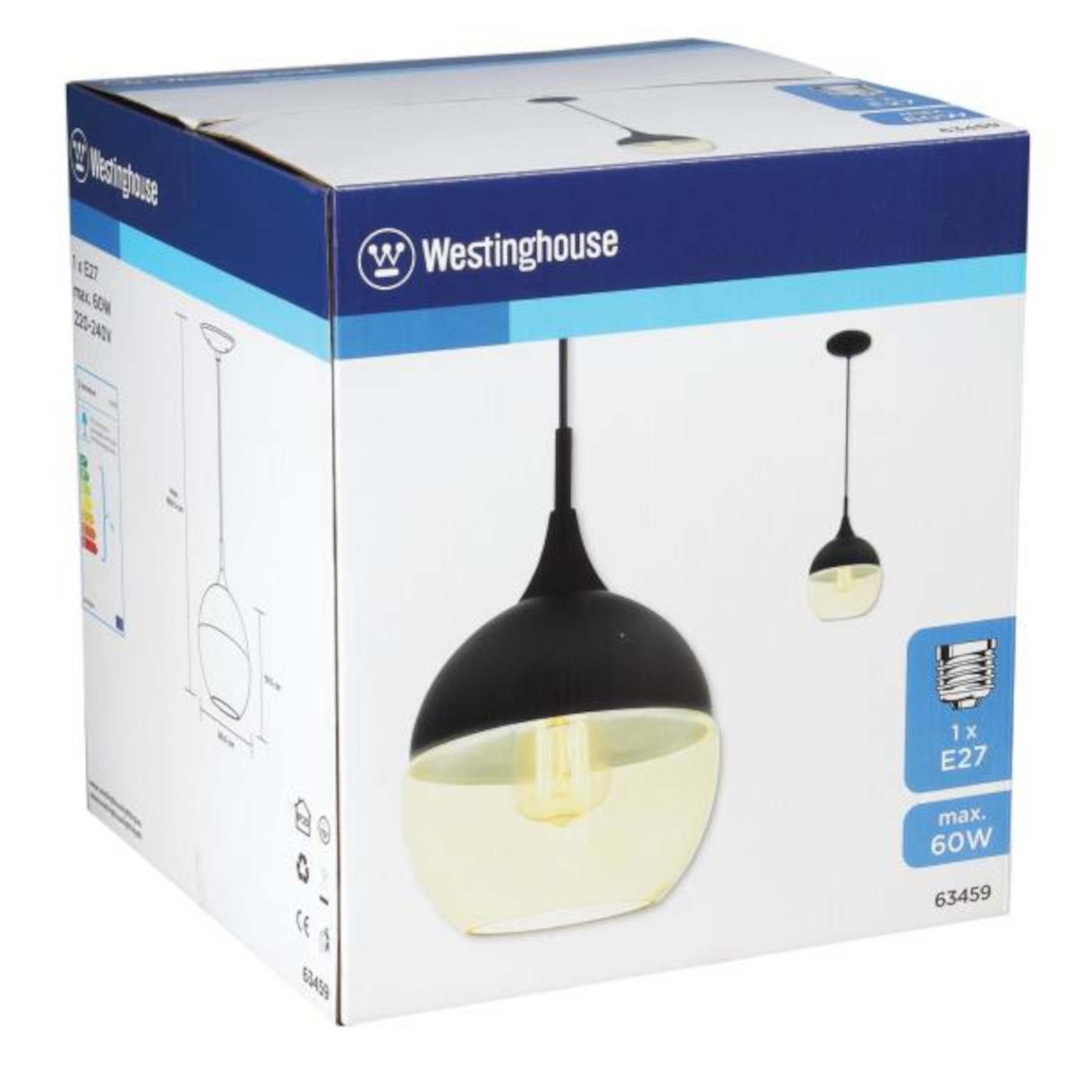 Eine Westinghouse-Pendelleuchtenbox. Die Box zeigt die Leuchte mit schwarzem Oberteil und klarem Boden sowie ihre Spezifikationen.