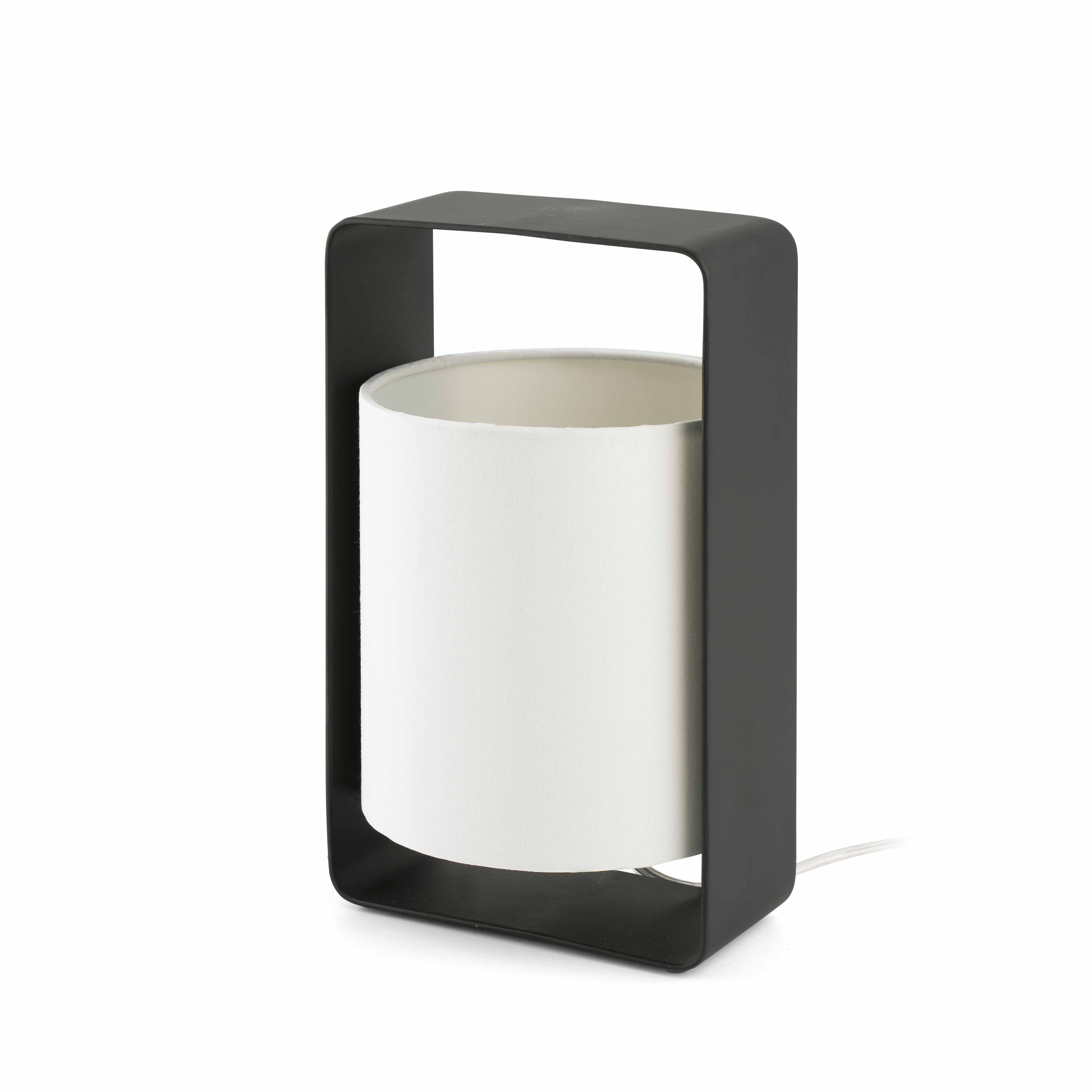 Lampada bianca con cornice nera, sfondo bianco.