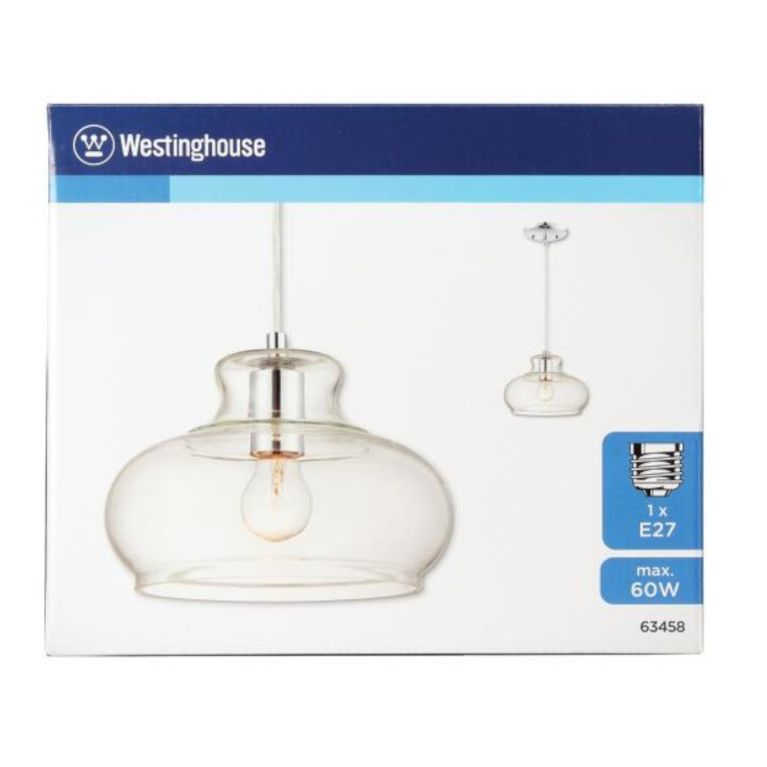 Schachtel mit einer Westinghouse-Pendelleuchte. Sie hat einen klaren Glasschirm, eine Glühbirne und eine Chromoberfläche. Die Box hat Spezifikationen.