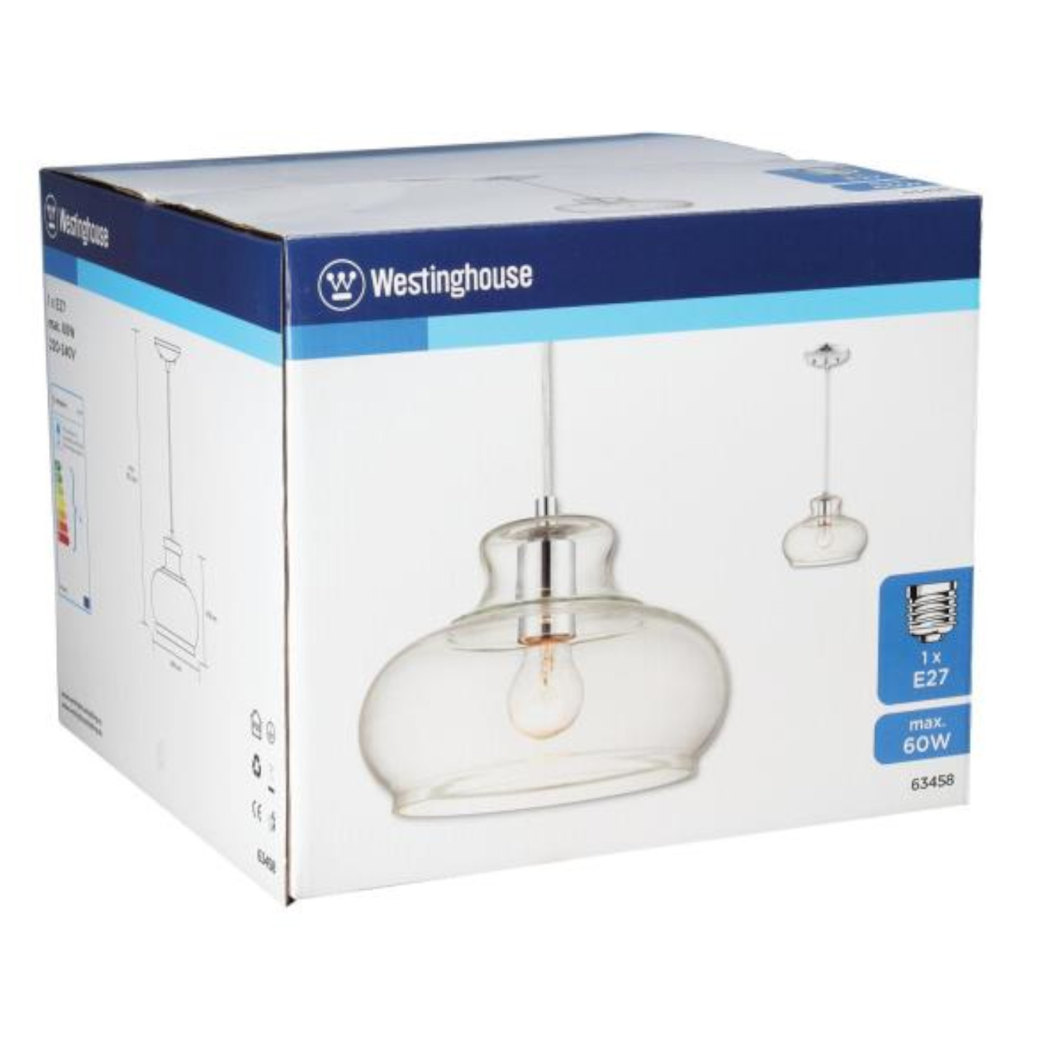 Karton mit einer Westinghouse-Pendelleuchte. Die Leuchte hat einen klaren Glasschirm und einen silbernen Sockel. Die Box hat das Logo und Produktdetails.