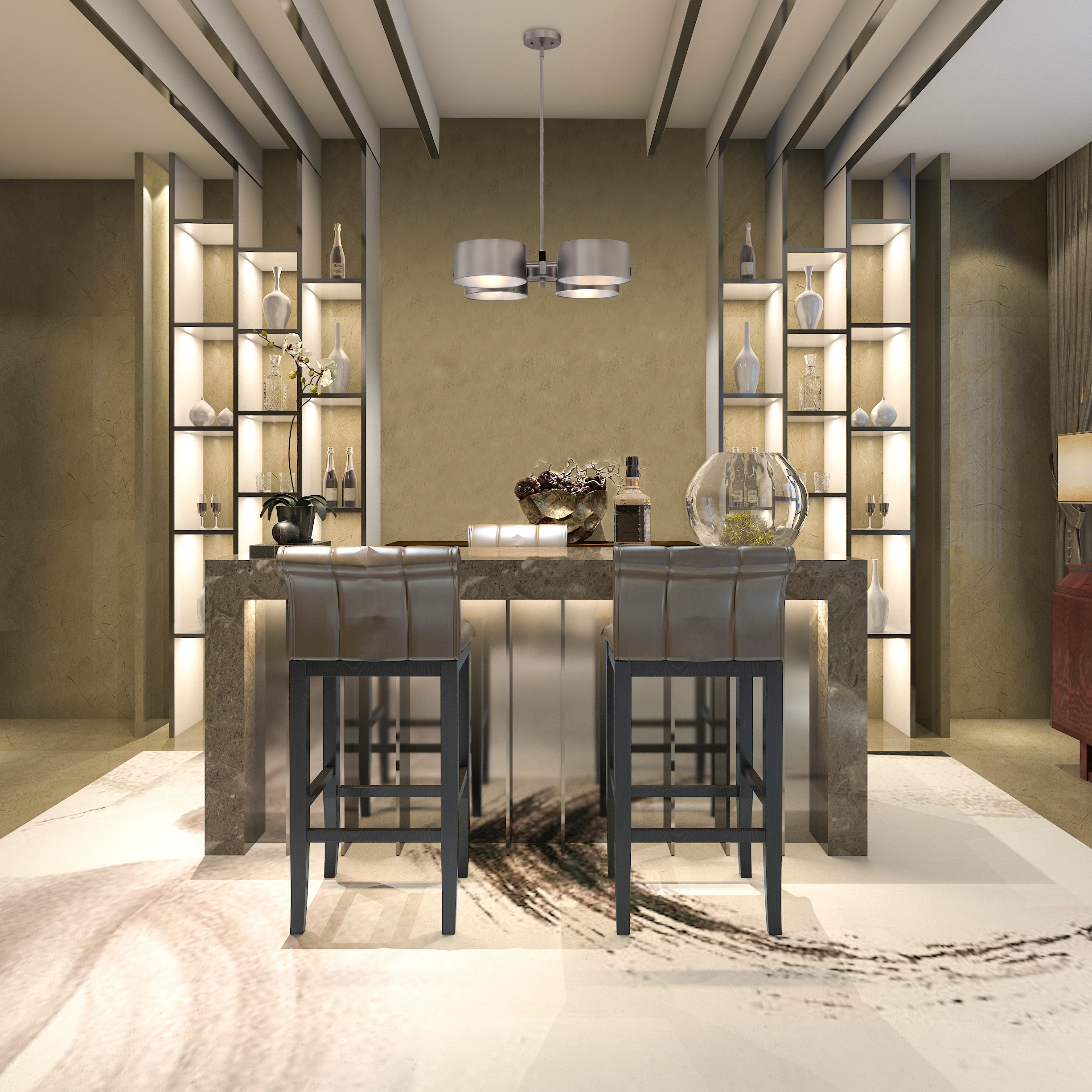 Modernes Bar-Interieur mit Hockern, Regalen und einer Hängeleuchte. Die Farbpalette ist neutral mit dunklen Akzenten.