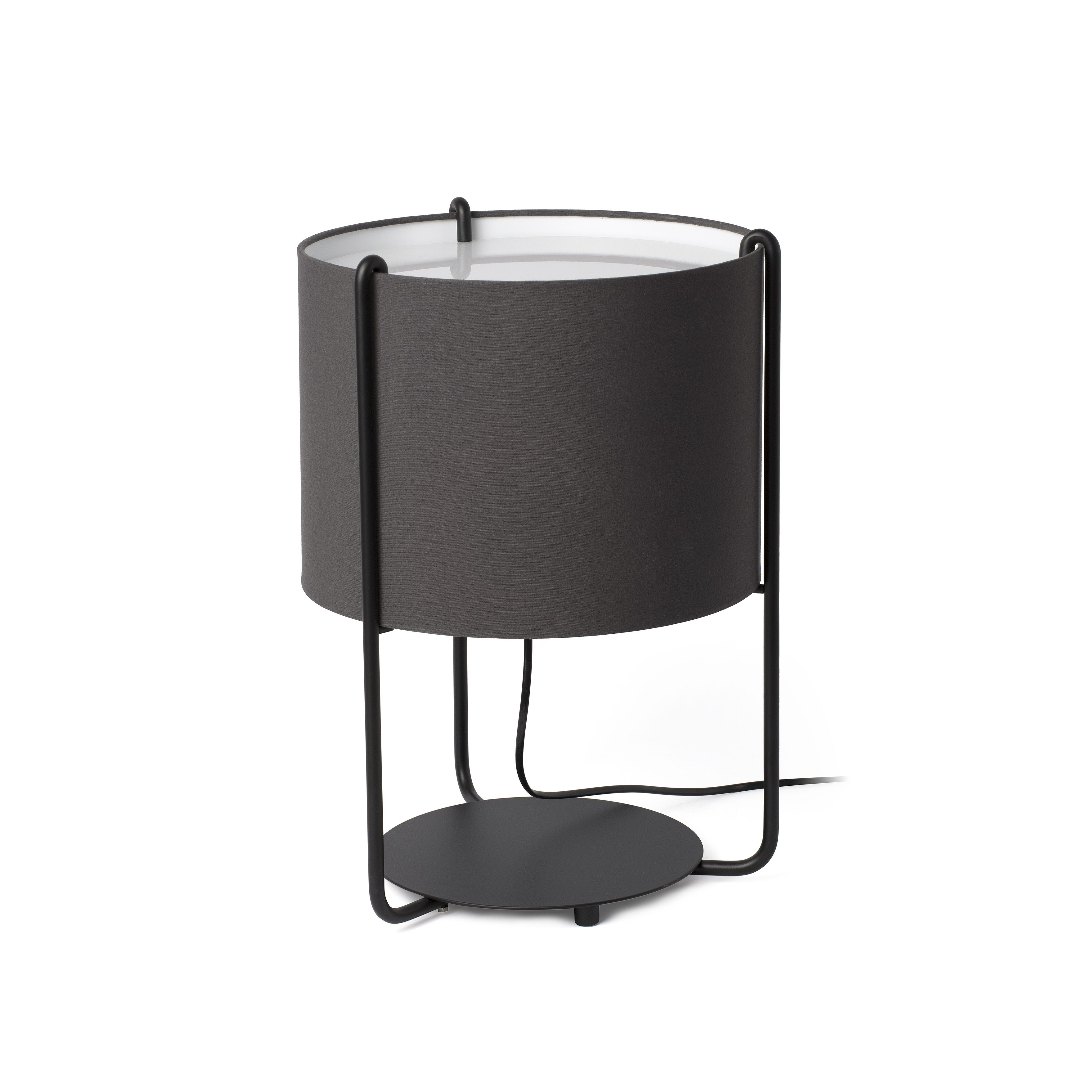 Una lampada nera con un paralume grigio sostenuto da una struttura metallica curva. Ha una base rotonda.