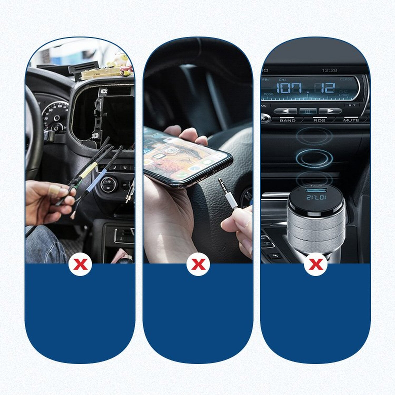 Trzy obrazy pokazujące konfigurację audio w samochodzie z czerwonymi krzyżami. Osoba podłącza telefon.