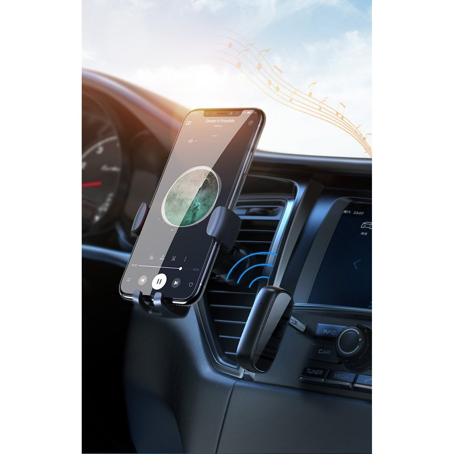 Telefon zamontowany na desce rozdzielczej samochodu z aplikacją muzyczną i falami dźwiękowymi.