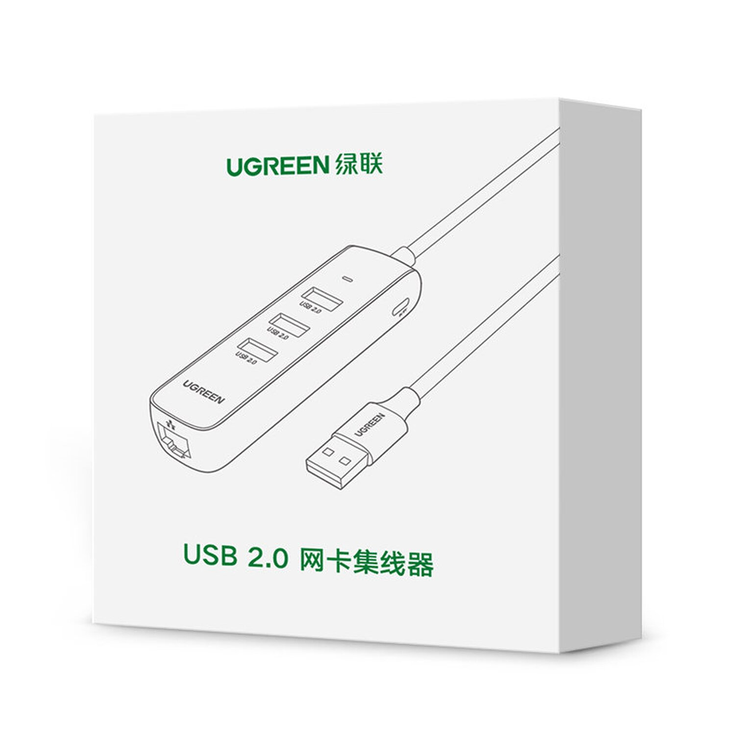 Weiße UGREEN-Box mit einer USB-Hub-Illustration und dem Markennamen.